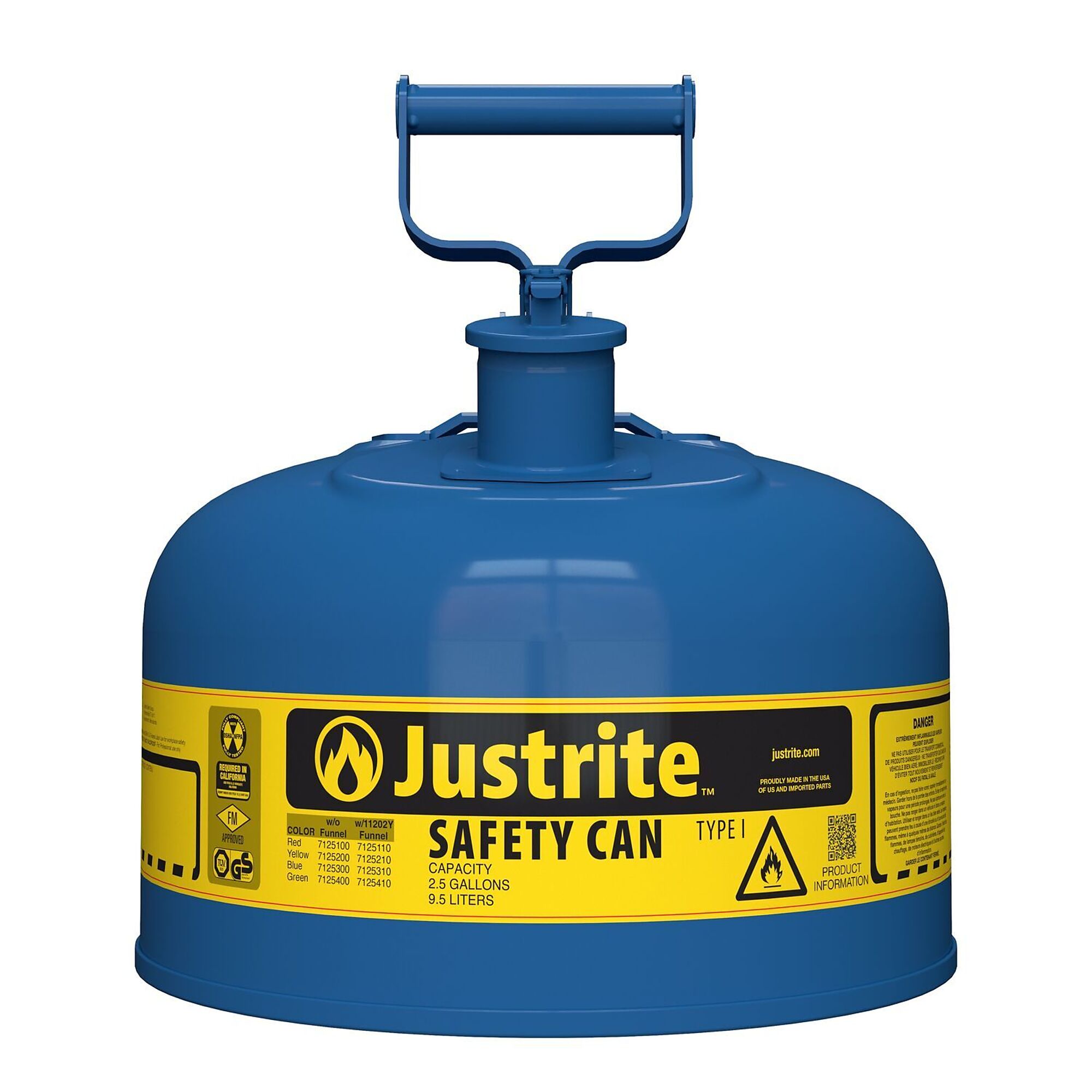 Type I Steel Safety Can for flammables, 2.5 gallon, S/S flame arrester, self-close lid, Blue.