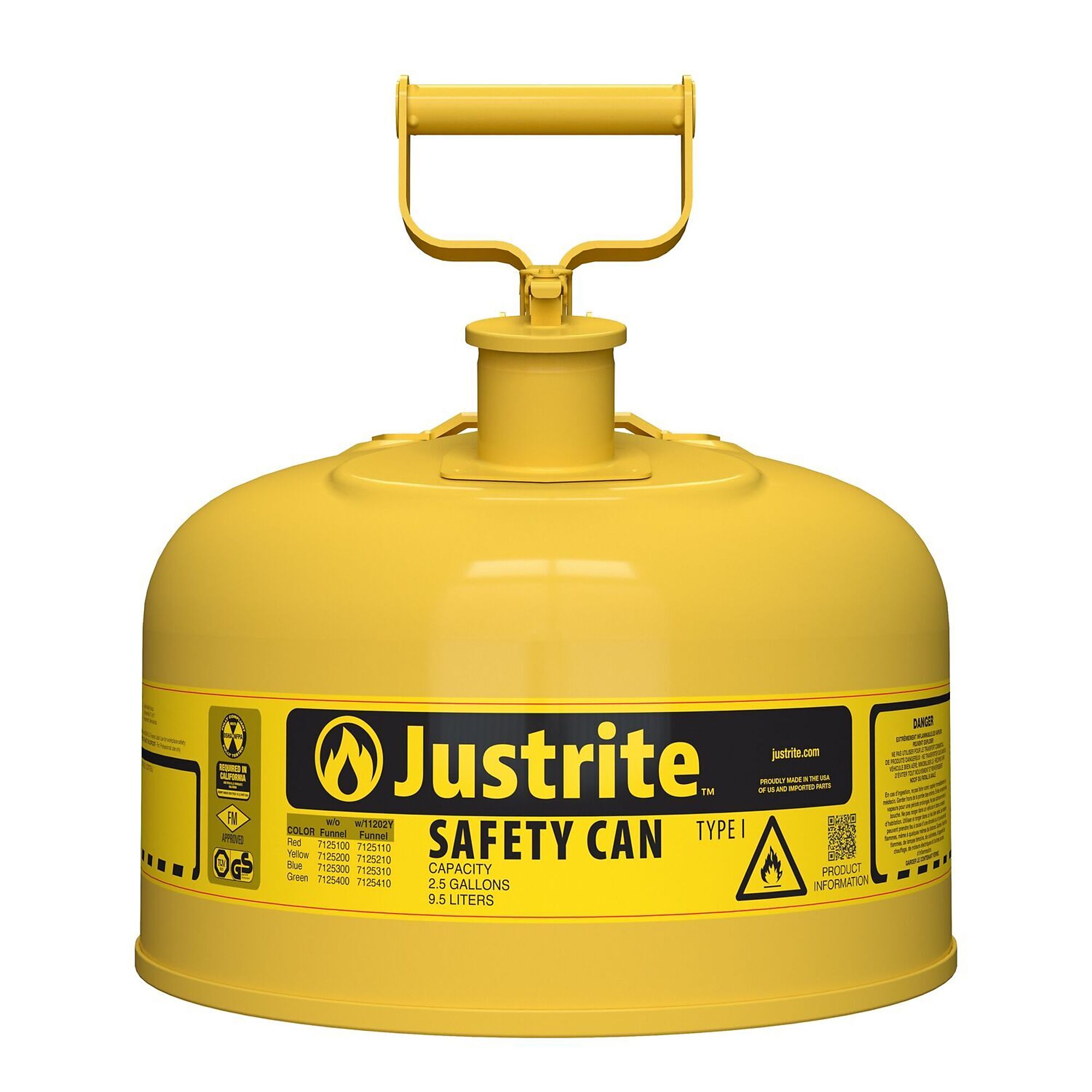 Type I Steel Safety Can for flammables, 2.5 gallon, S/S flame arrester, self-close lid, Yellow.