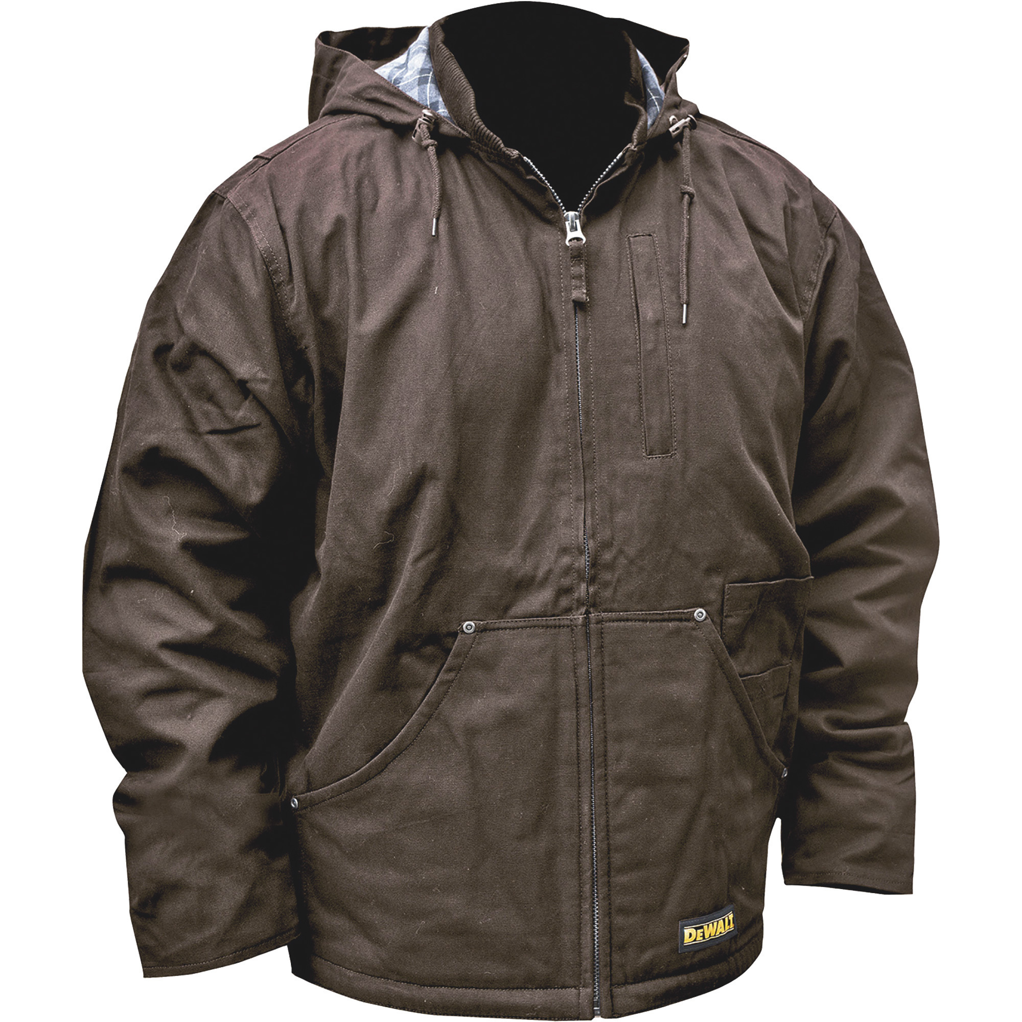DEWALT Men's Heated Heavy-Duty Hooded Duck Jacket with Fleece Lining, Tobacco, XL, Model# DCHJ076AT1D-L