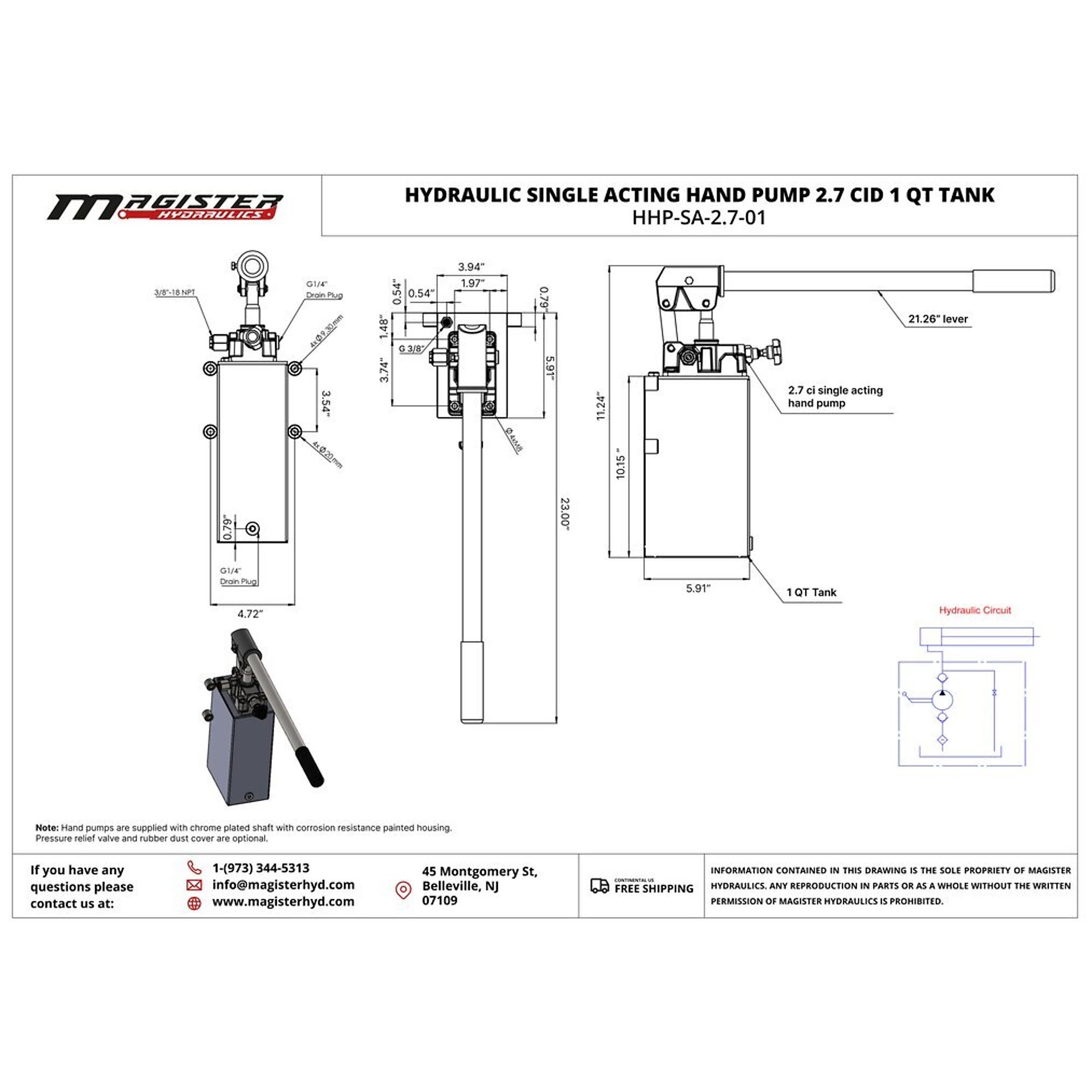 Hydraulic hand pump 2.7 CID for single acting cylinder, 1 Qrt tank