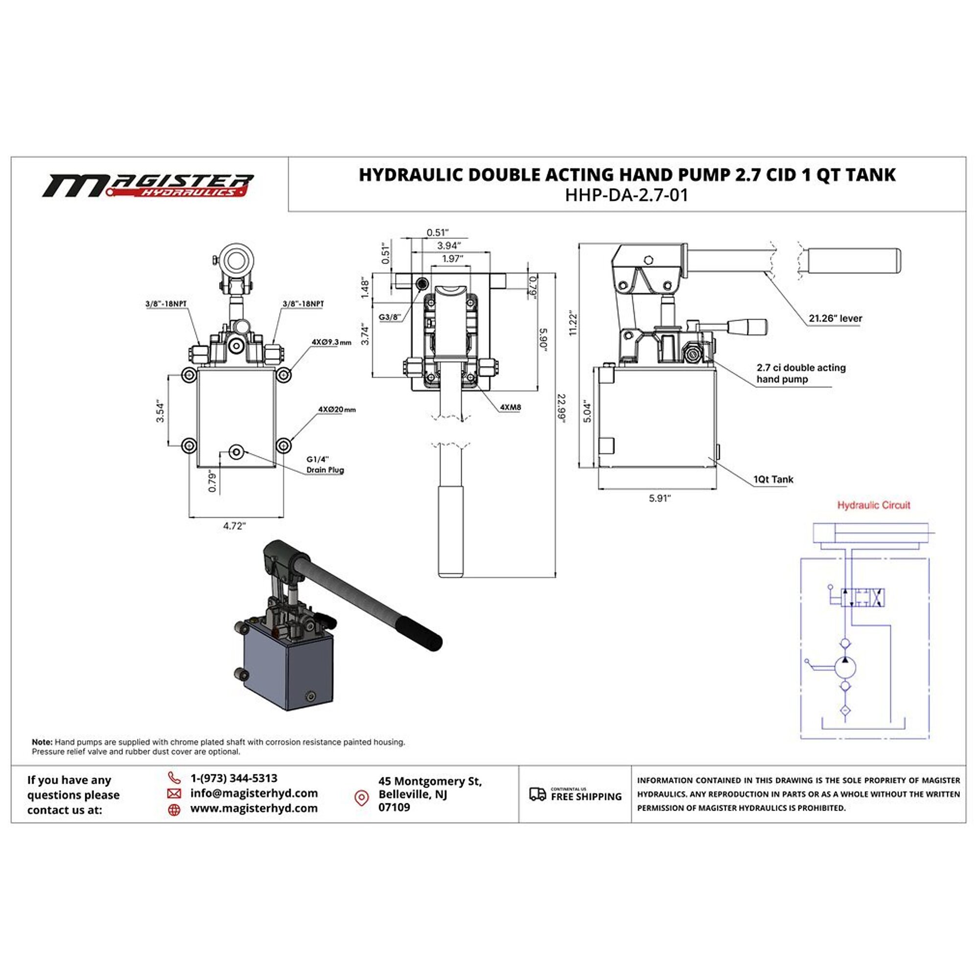 Hydraulic hand pump 2.7 CID for double acting cylinder, 1 Qt tank