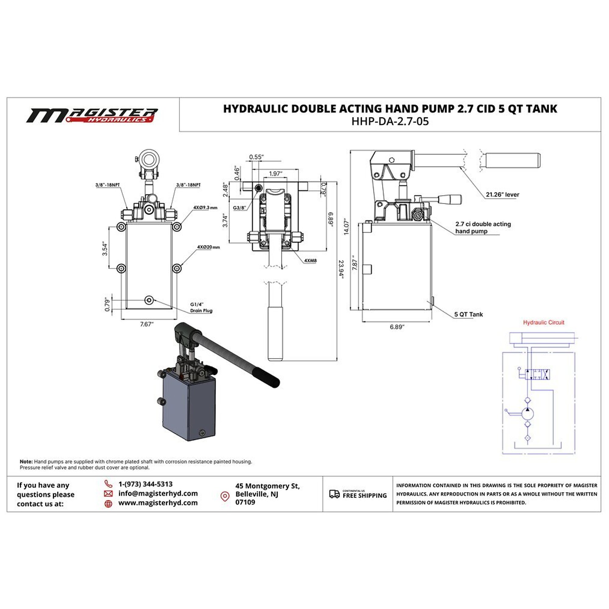 Hydraulic hand pump 2.7 CID for double acting cylinder, 5 Qrt tank