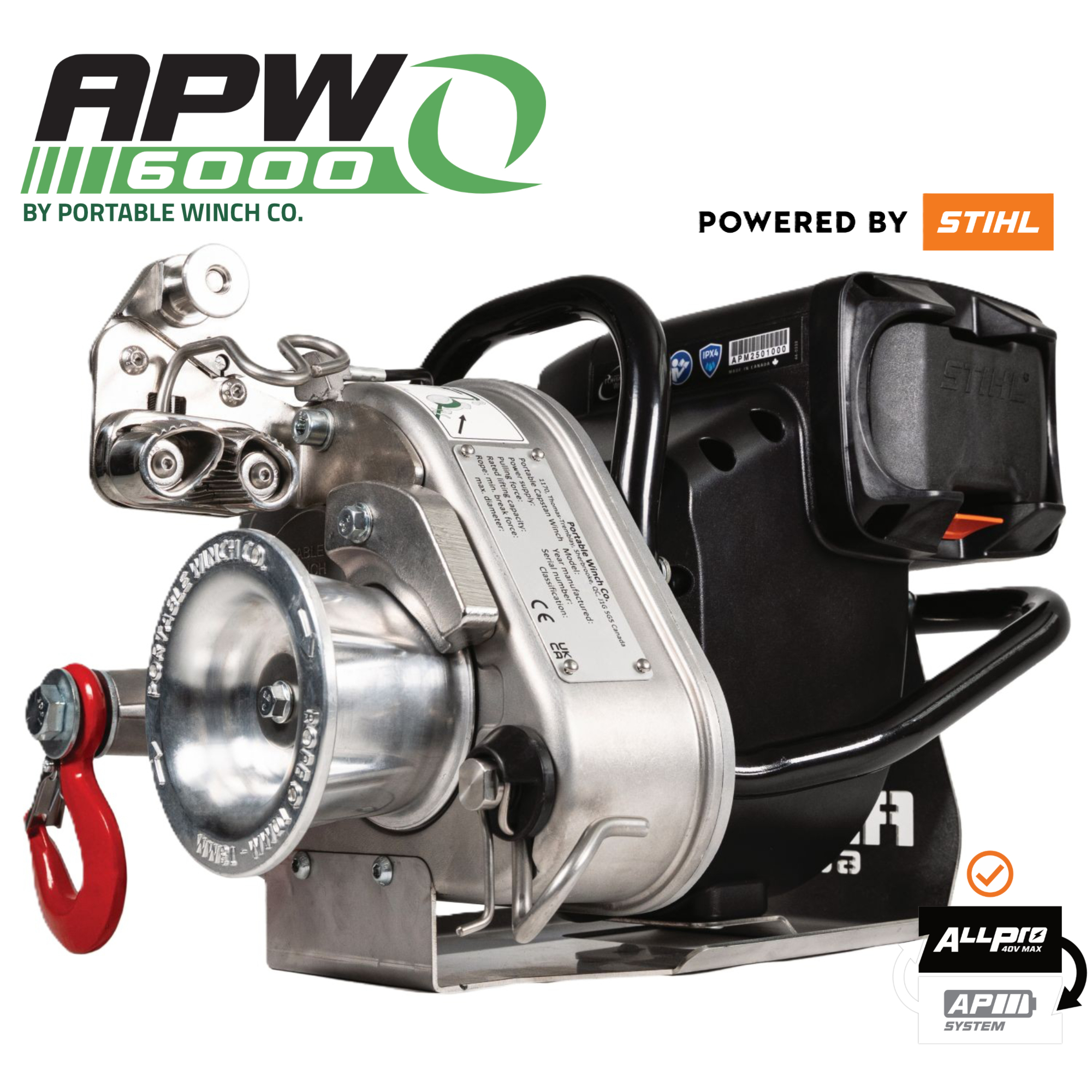 New APW6000 by Portable Winch Co., The Most Powerful Battery-Powered Capstan Winch with 3,300 lb Pulling Force and 53 ft/min maximum speed, compatible with STIHL AP and AllPro batteries.