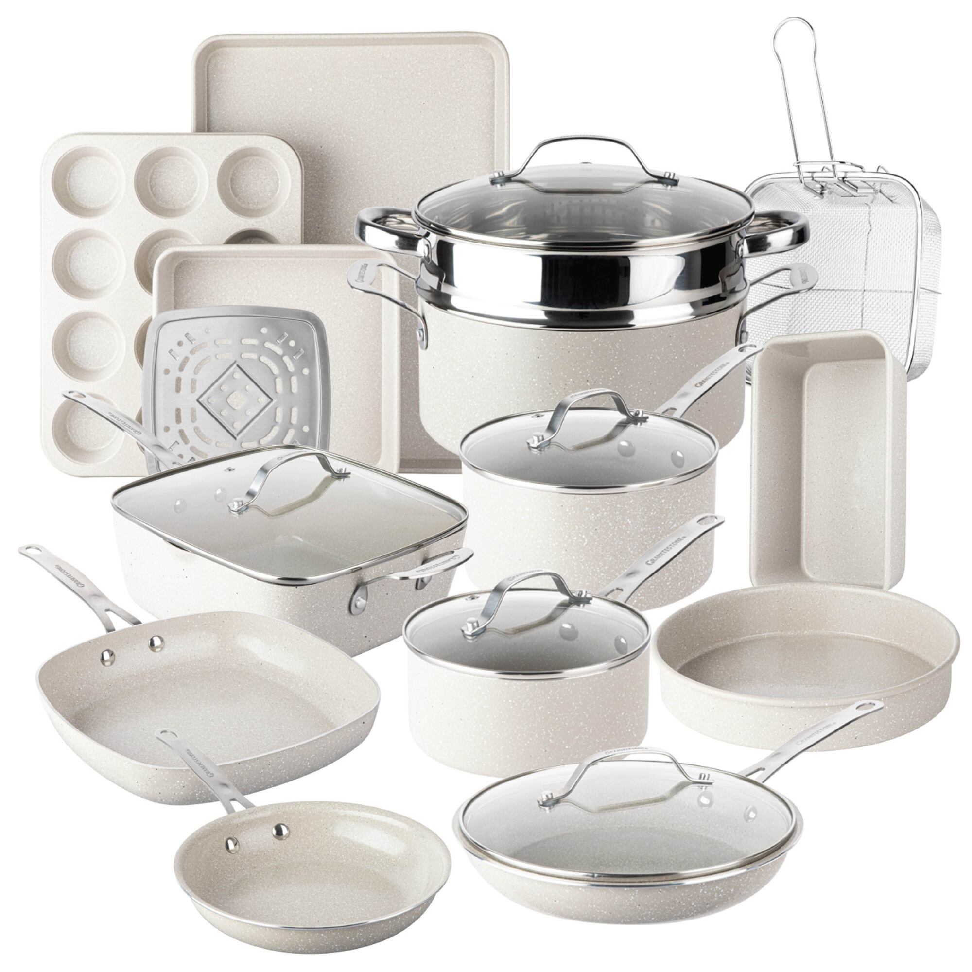 Granitestone Ceraluxe 20 Pc Ceramic Cookware Set Nonstick- Complete Pots and Pans Set Non Stick with 5 Pc Bakeware Set- Deep Frying Pan Set + Steamer- Non Toxic PFOA Free- Oven + Dishwasher Safe- Cream