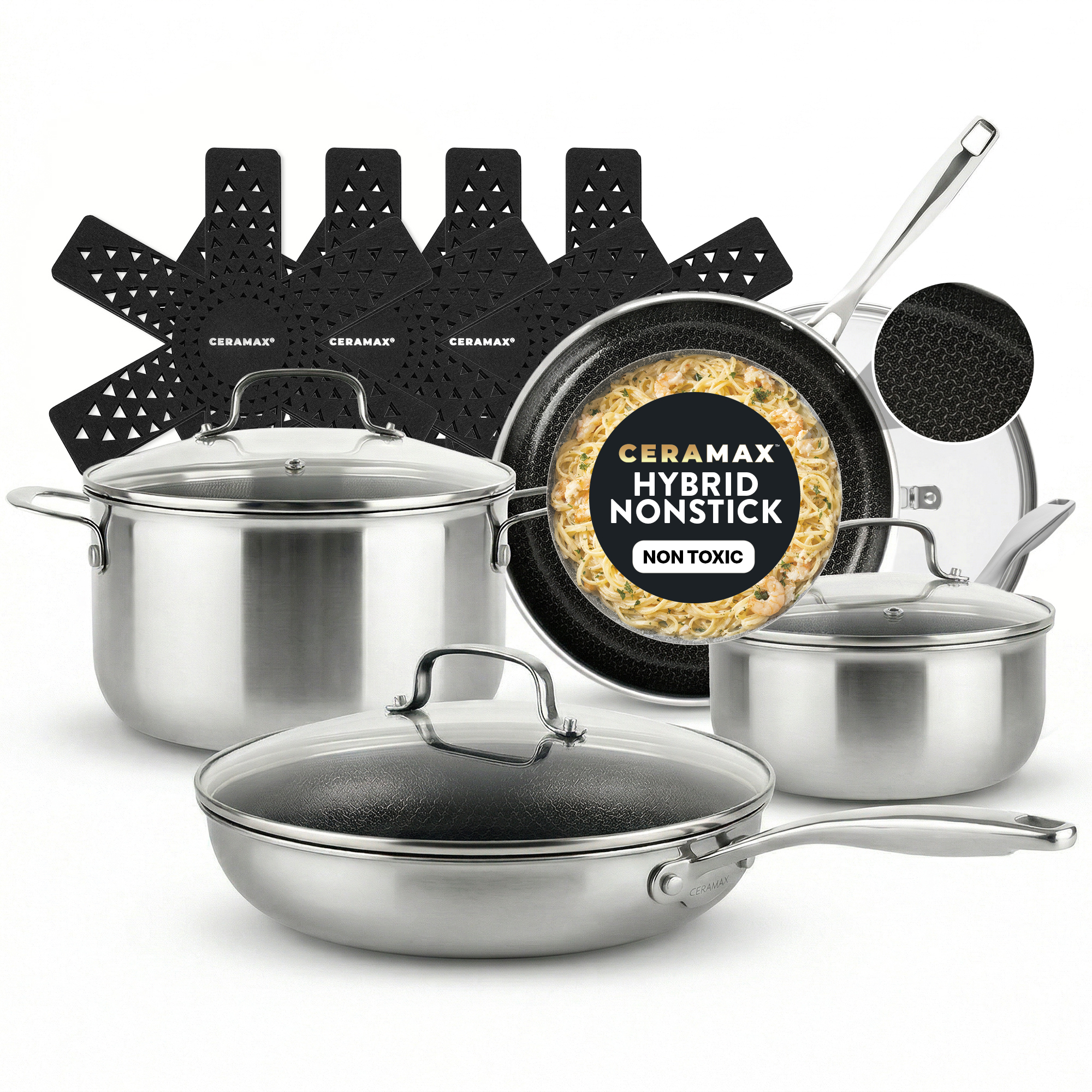Ceramax 12 Pcs Tri Ply Hybrid Stainless Steel Cookware Set- Ceramic Pots and Pans Set Non Stick with Induction Cookware- Made Without PTFE PFOA- Metal Utensil Safe- Oven and Dishwasher Safe - Black