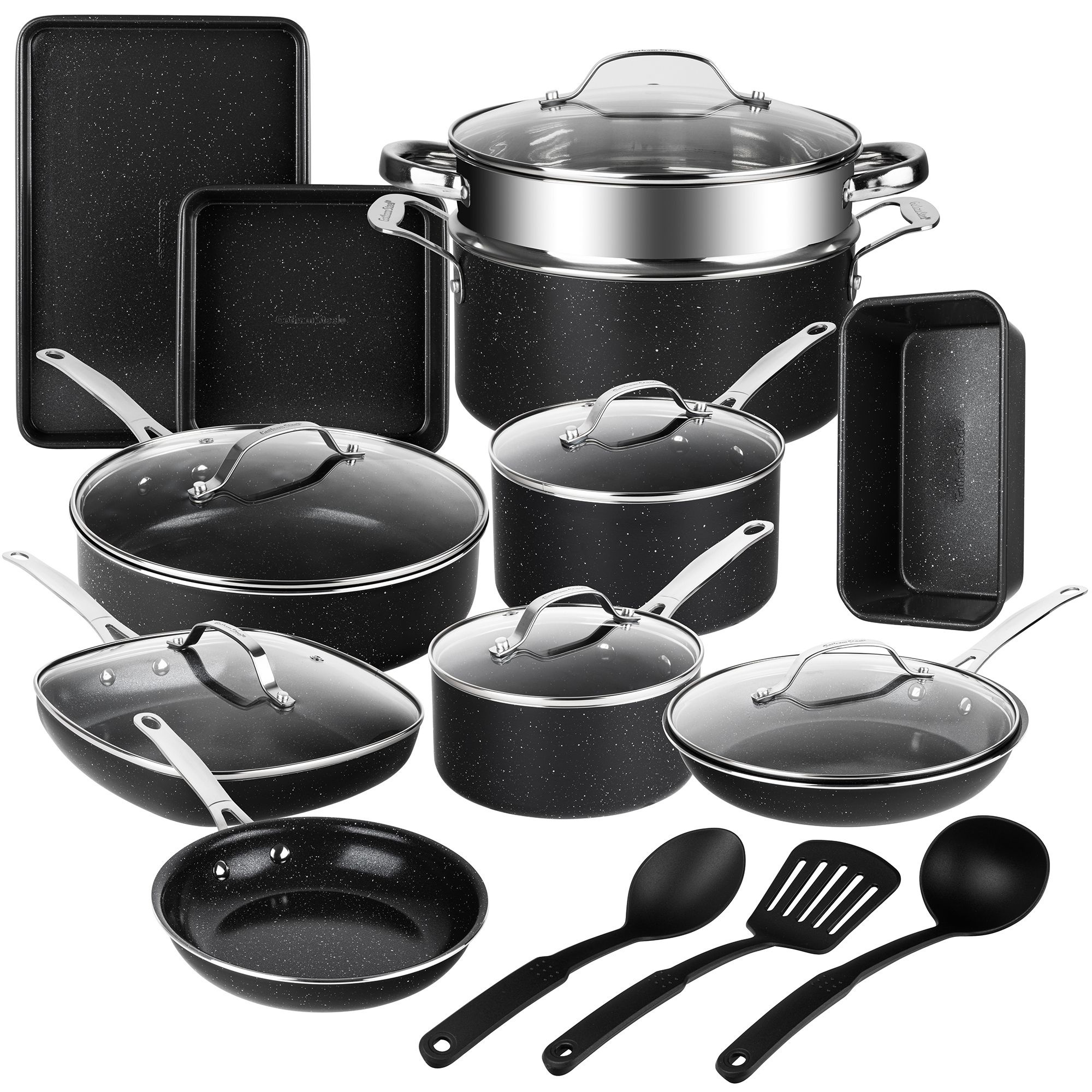 Granitestone Ceraluxe 20 Pc Ceramic Cookware Set Nonstick- Complete Pots and Pans Set Non Stick for Kitchen with Bakeware- Utensils + Steamer- Non Toxic Made Without PFOA PFOS- Oven + Dishwasher Safe- Black