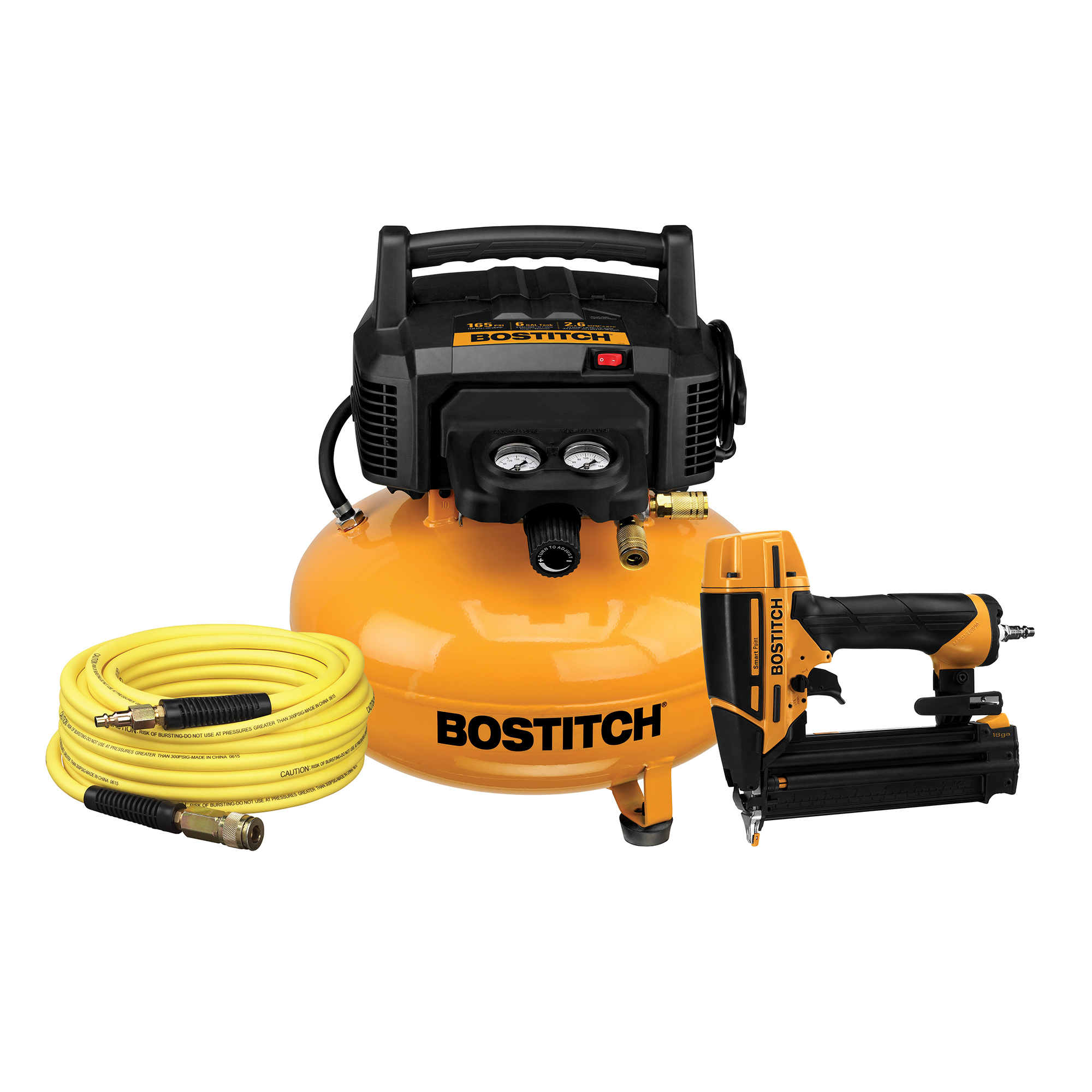 Bostitch 6 Gallon 150 PSI Pancake Air Compressor (BXCM02012) with 50-Ft Hose and 18-Gauge Smart Point Nailer (BTFP12233), Model# BXCM1KIT18SP
