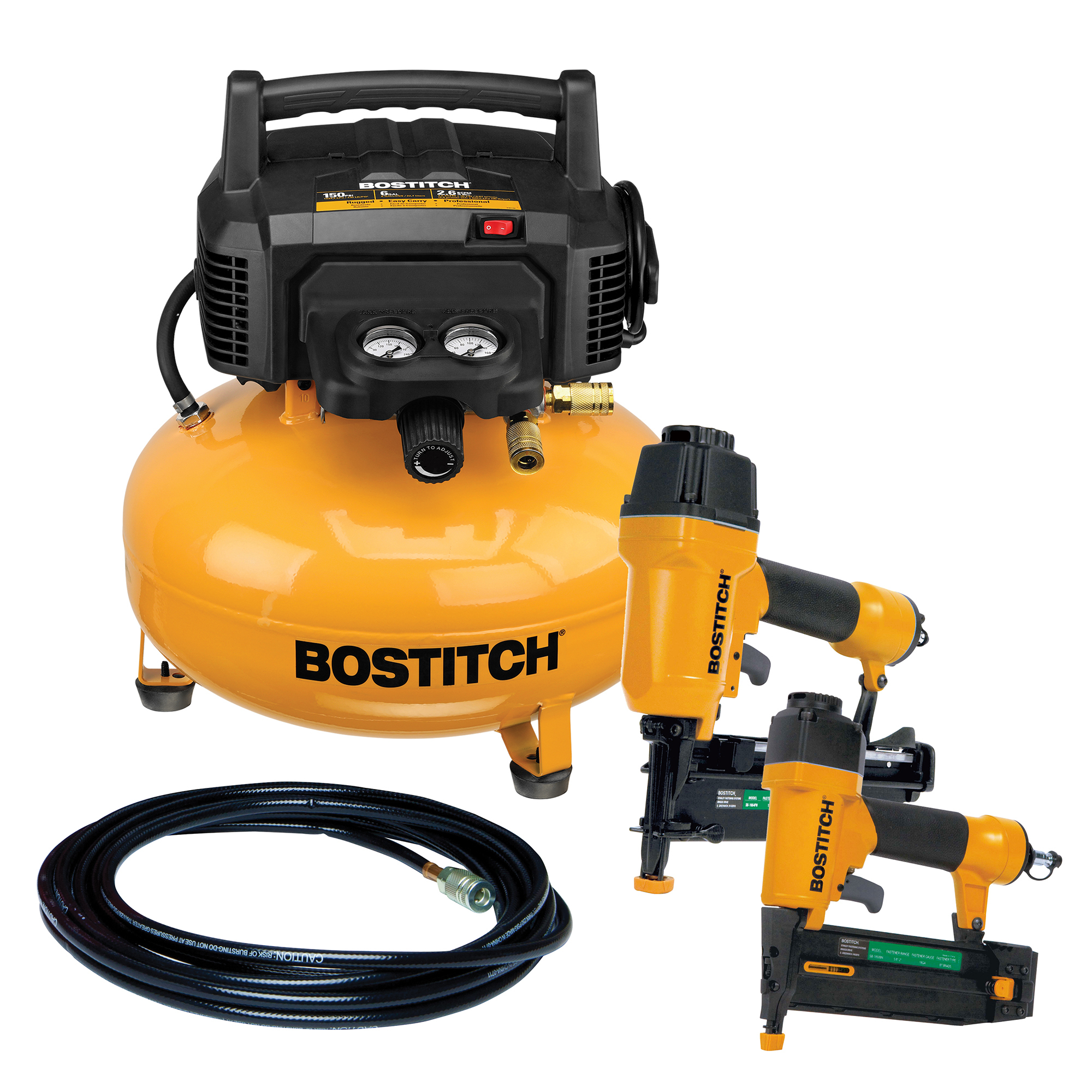 Bostitch 6 Gallon 150 PSI Pancake Air Compressor (BXCM02012) with 25-Ft Hose, 18-Gauge Nailer (SB-1850BN), and 16-Gauge Nailer (SB-1664FN), Model# BXCM2KIT