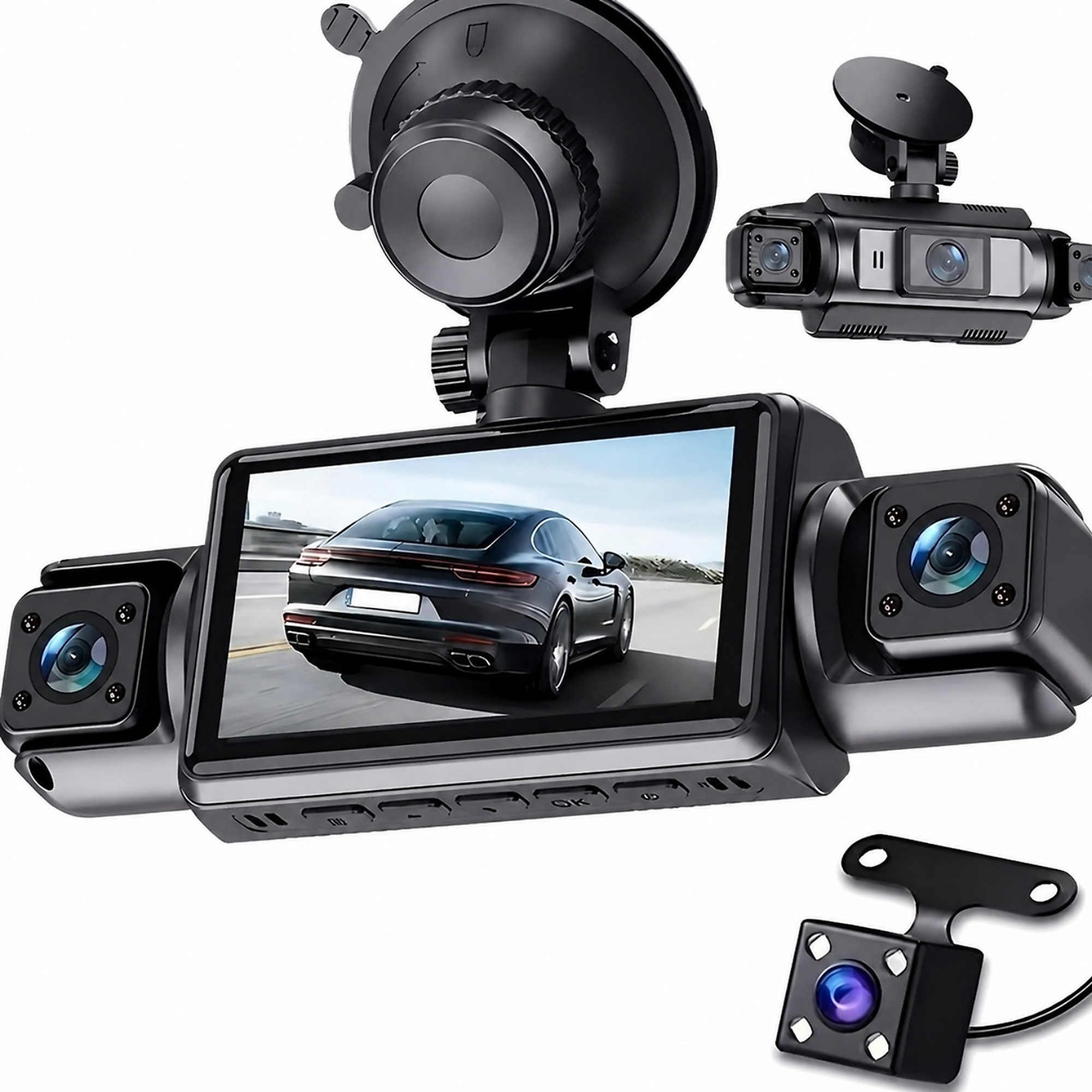 4-Channel 1080P Dash Cam with 720P Side and Rear Cameras, LED Display and Button Control