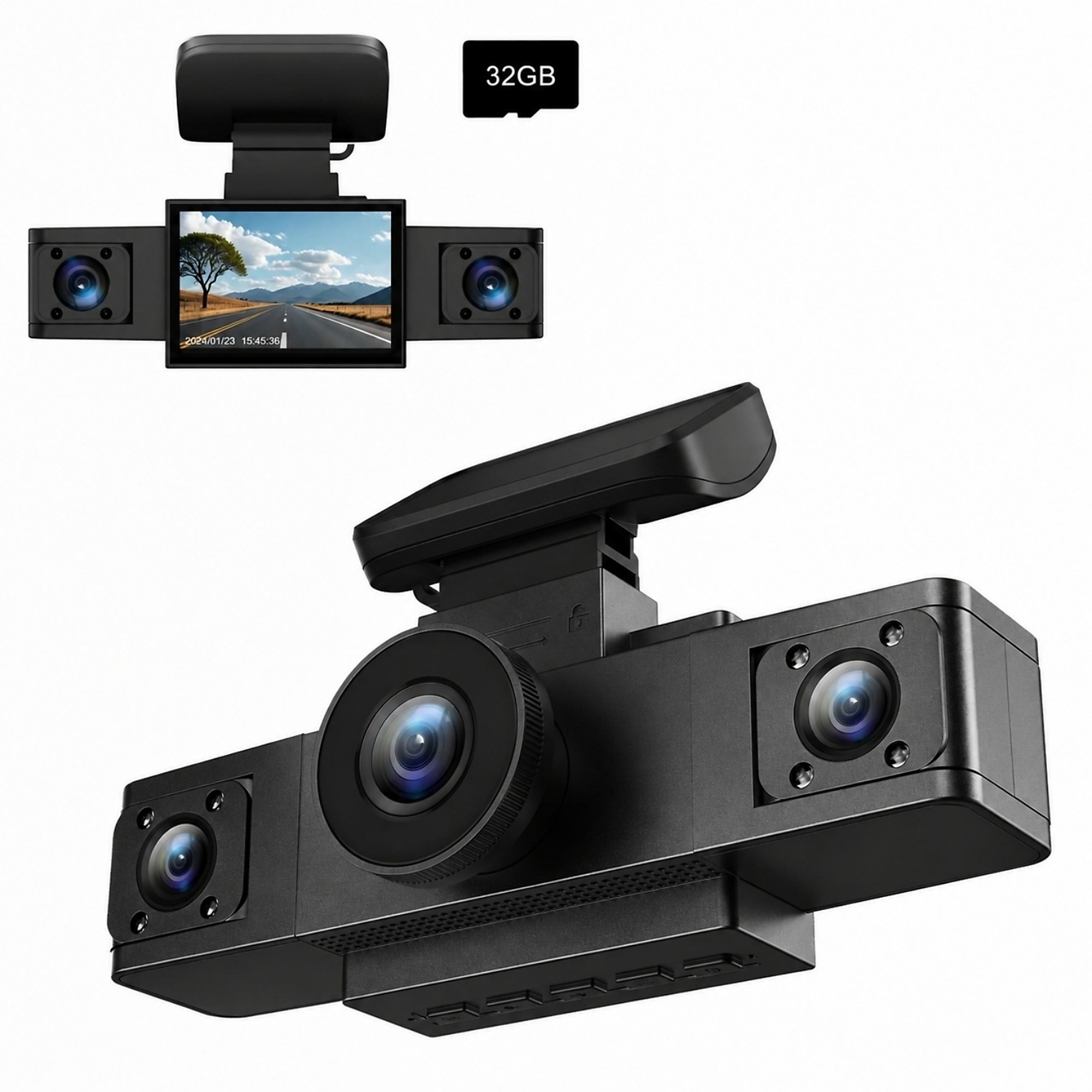 3 Channel 1080P WiFi Dash Cam with Dash Camera Loop Recording and Wide Angle