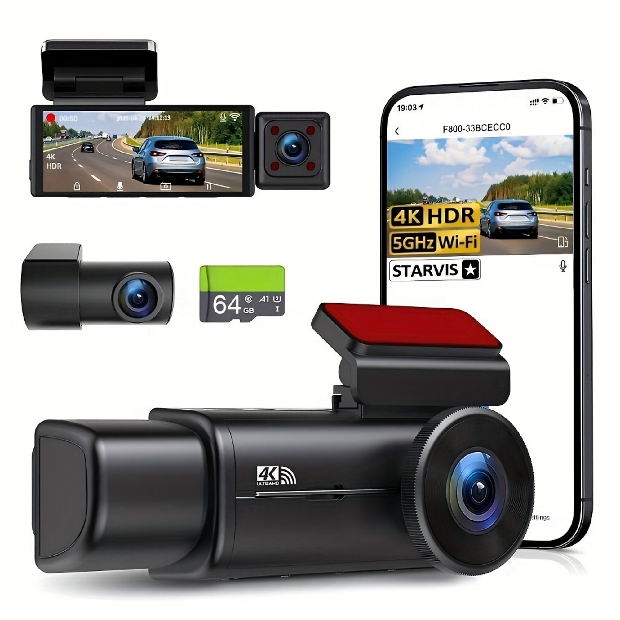 3-Channel Dash Cam with Front, Rear and Cabin Cameras, STARVIS Sensor, 5GHz WiFi, 64GB Memory Card and Infrared Night Vision