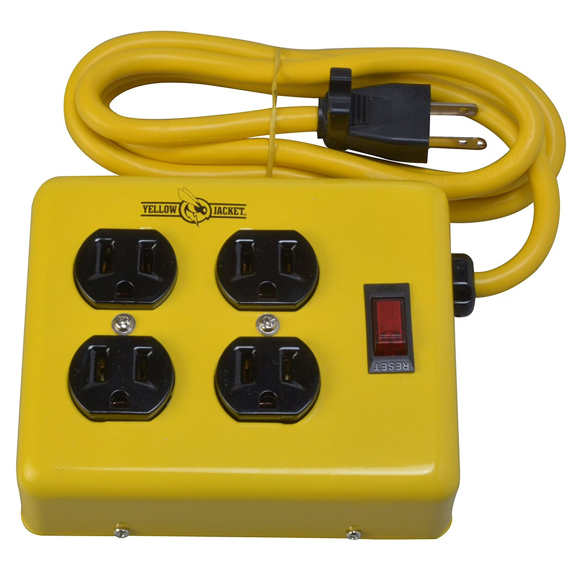 Yellow Jacket Power Block 4-Outlet Extension Cord Adapter with Durable Steel Case, High-Visibility Yellow Cord, Built-In Circuit Breaker, Model #21770001