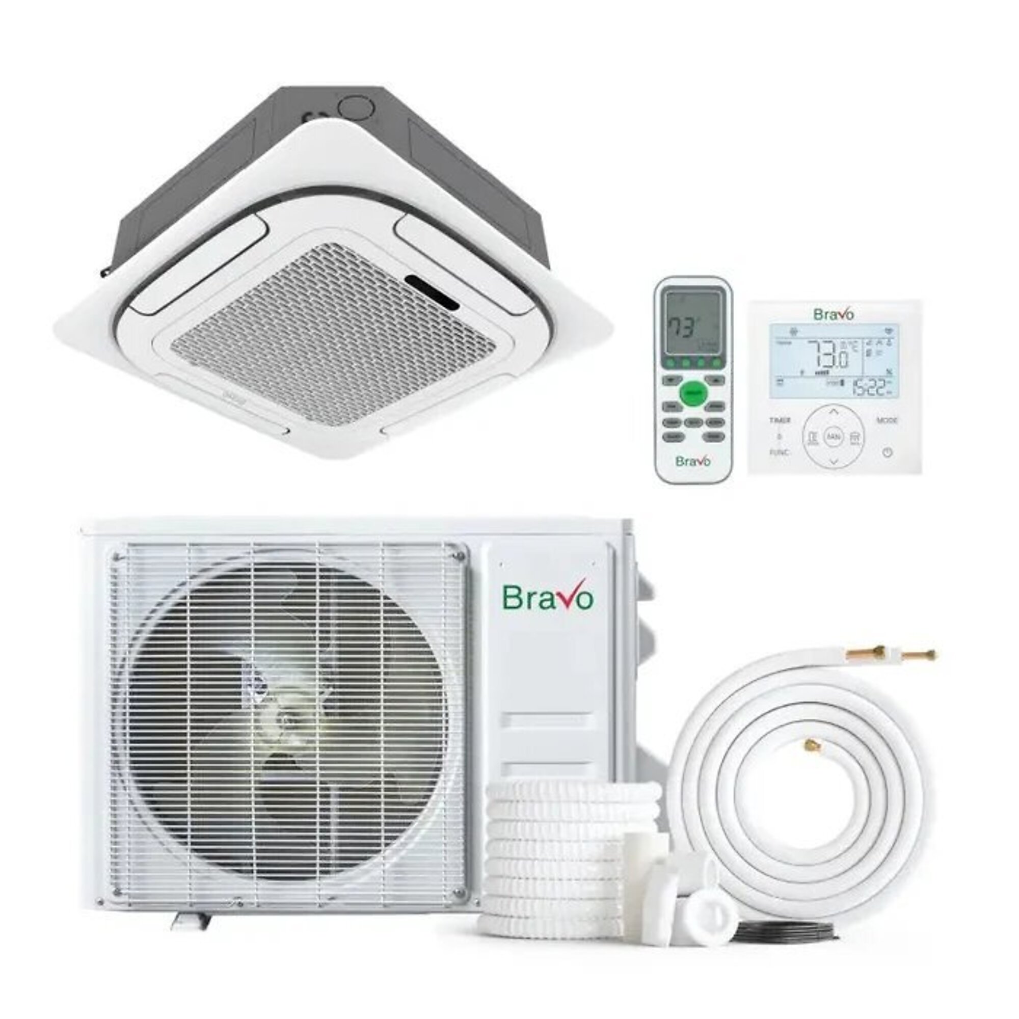 Bravo Pisa Series 9,000 BTU 22.0 SEER2, Single Zone Ceiling Cassette Mini Split Heat Pump System w/ 16' Installation Kit