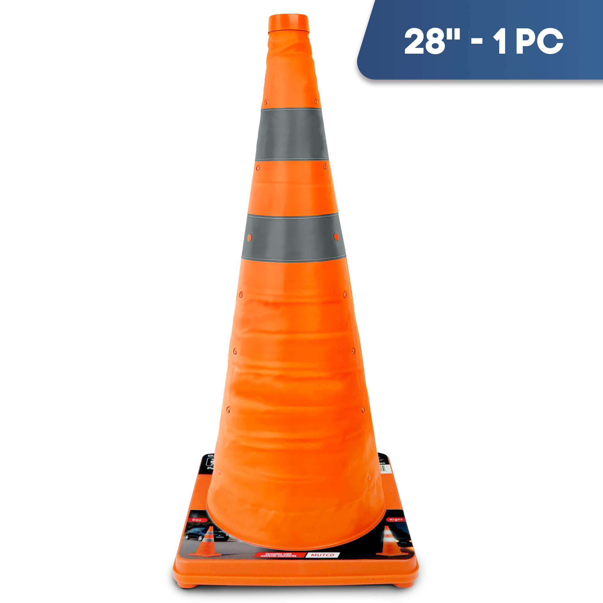 Collapsible Traffic Cone 28’’ with Reflective Collars - 1 PK, Orange, Nylon Body, Model #97128C