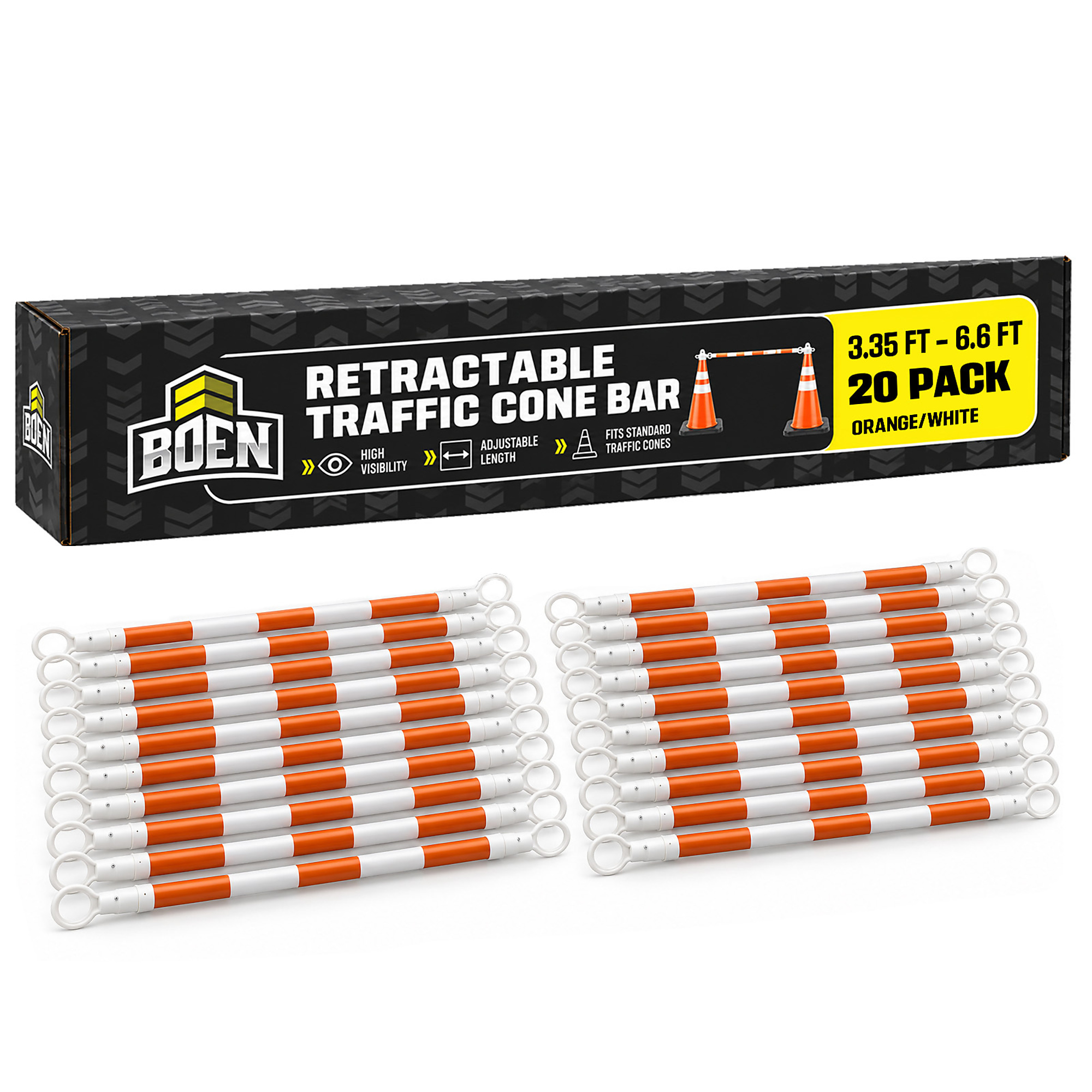 Boen Retractable Cone Bar 3.35 ft. to 6.6 ft., 20-Pack, White/Orange Traffic Barricade Bar for Road Work, Parking Lots & Restricted Areas