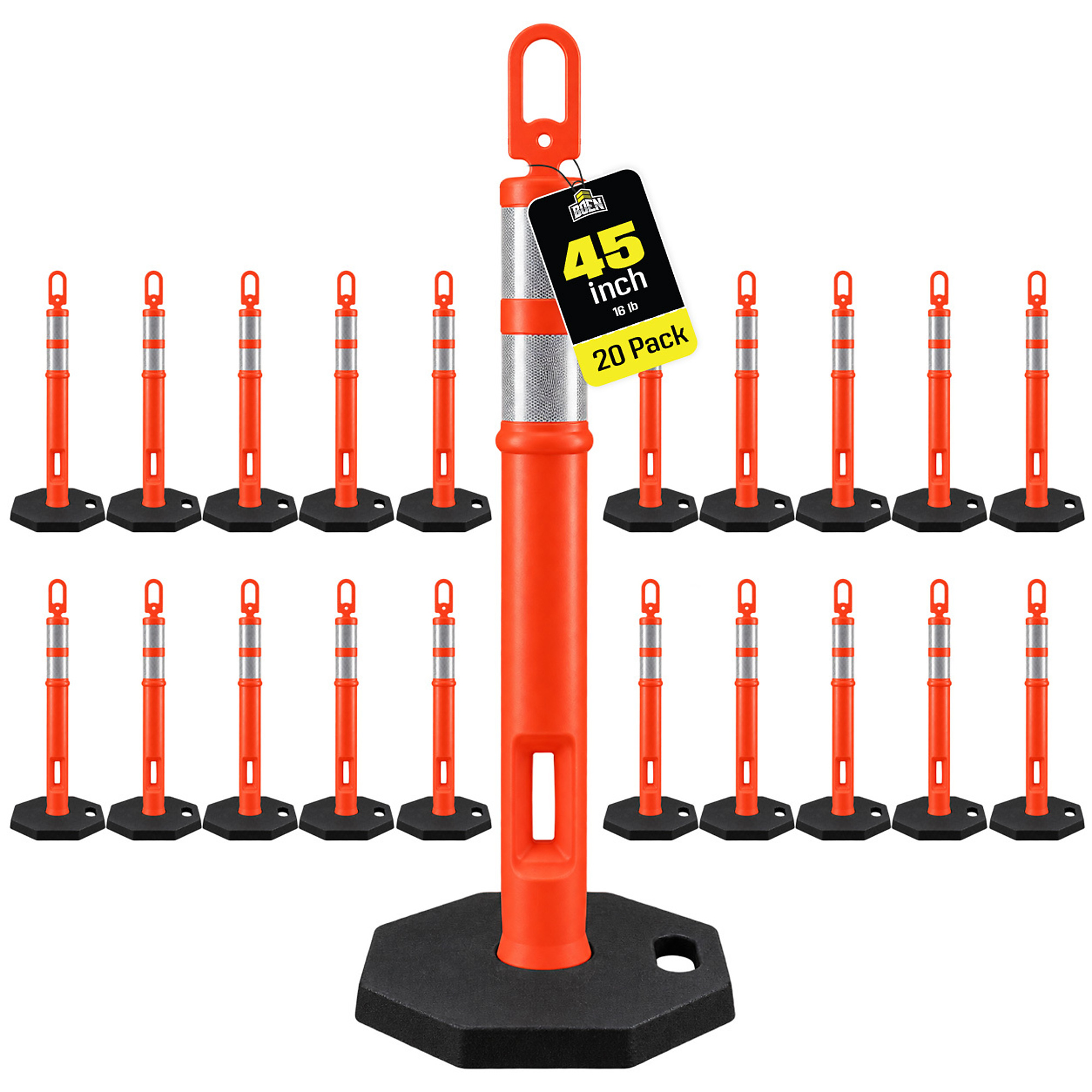 Boen 45 in, Orange Traffic Delineator Posts, 20-Pack, Safety Bollards with Reflective Collar & 16 lb. Heavy-Duty Base for Parking, Construction & Road Safety