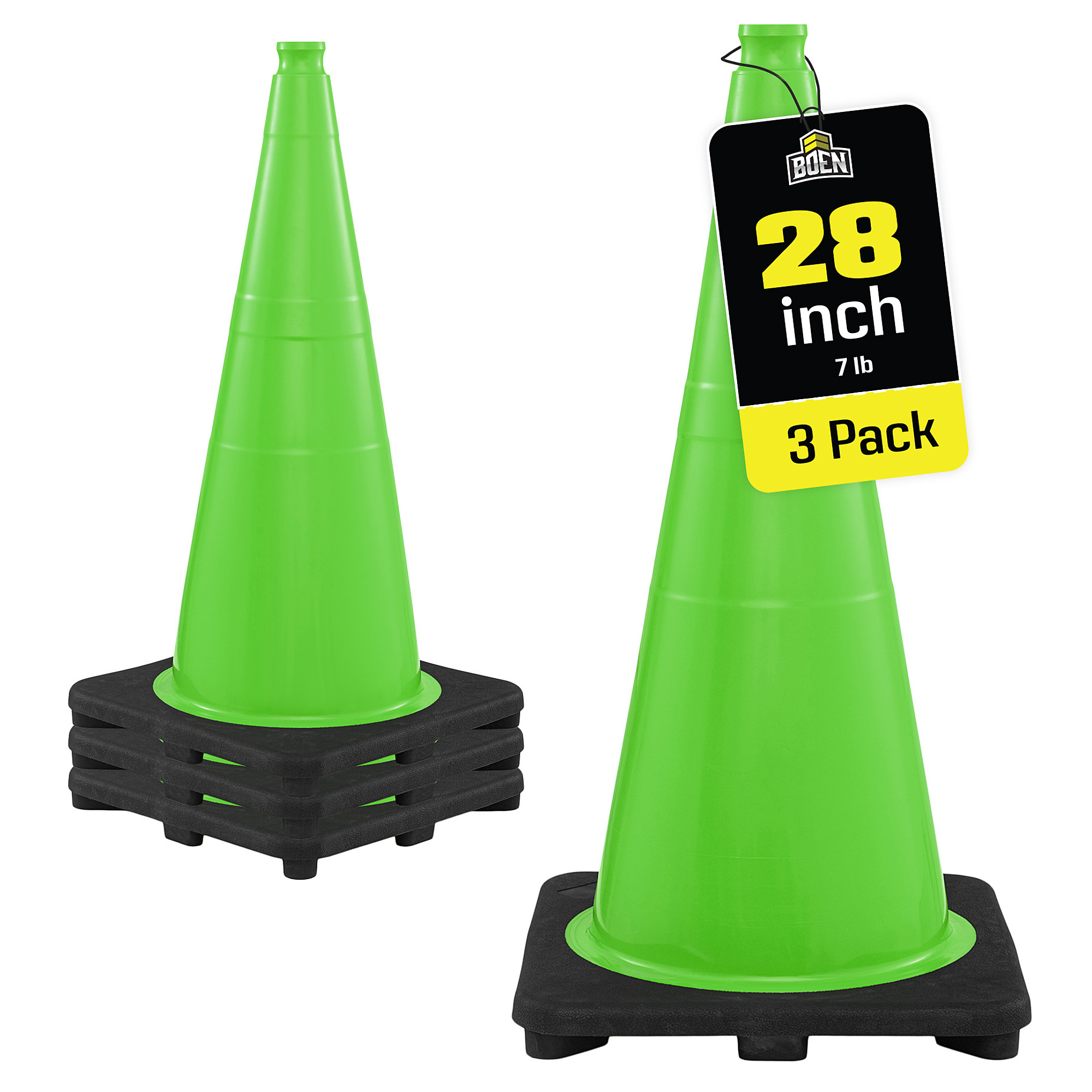 Boen 28 in, Lime Green Traffic Cone, 3-Pack, High-Visibility Safety Cones with 7 lb. Base for Parking, Road Work & Traffic Control