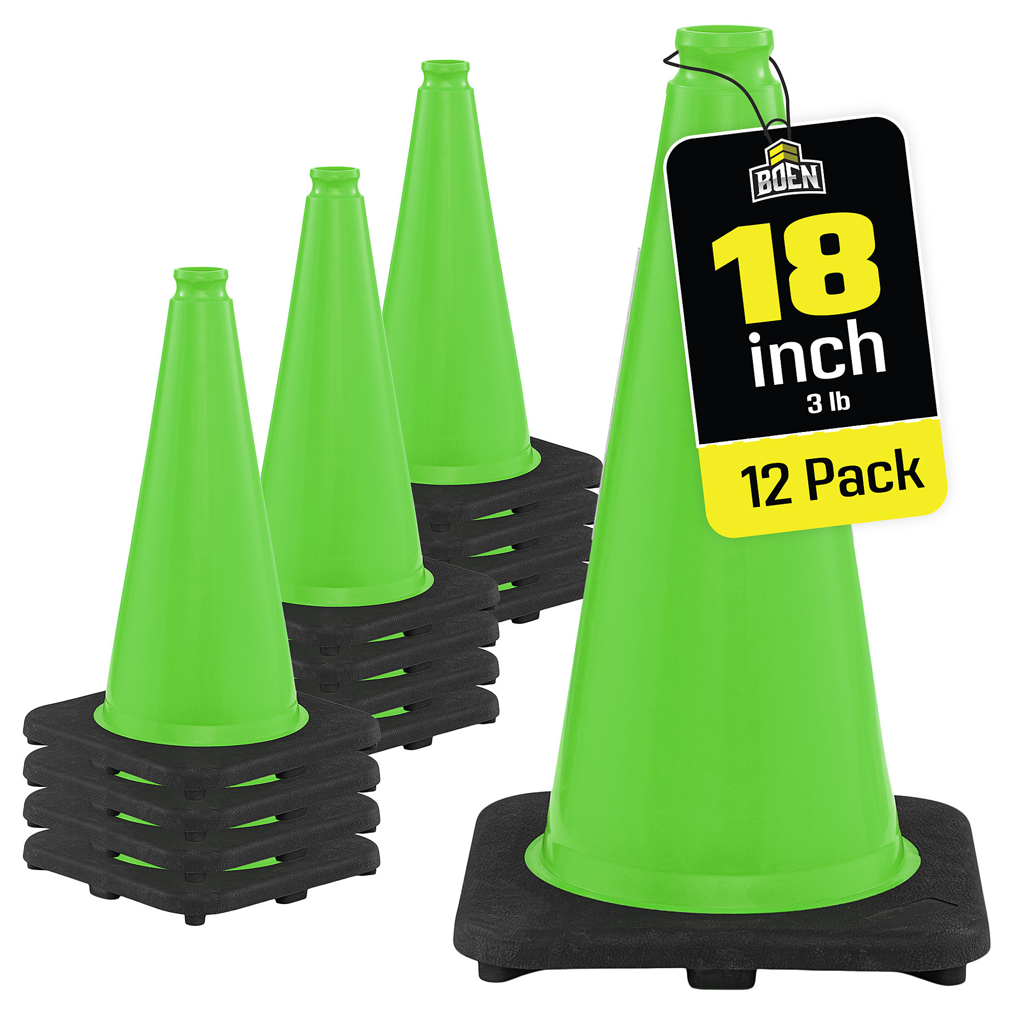 Boen 18 in, Lime Green Traffic Cone, 12-Pack, High-Visibility Safety Cones with Reflective Collar & Heavy-Duty Base for Parking, Events & Traffic Control