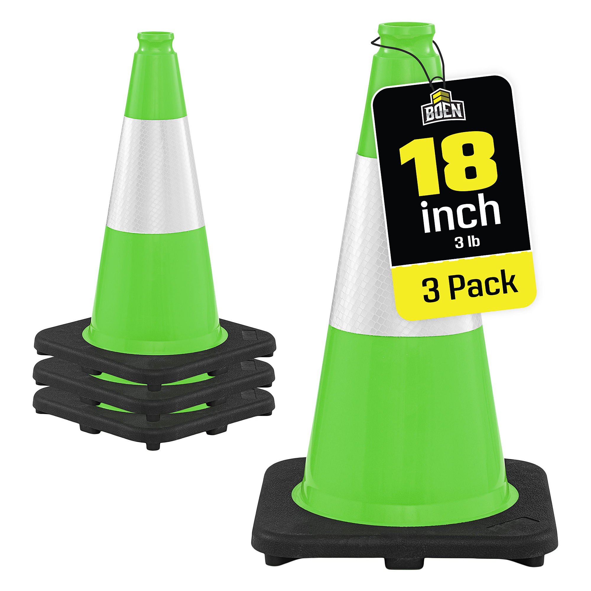 Boen 18 in, Lime Green Traffic Cone, 3-Pack, High-Visibility Safety Cones with Reflective Collar & Heavy-Duty Base for Parking, Events & Traffic Control