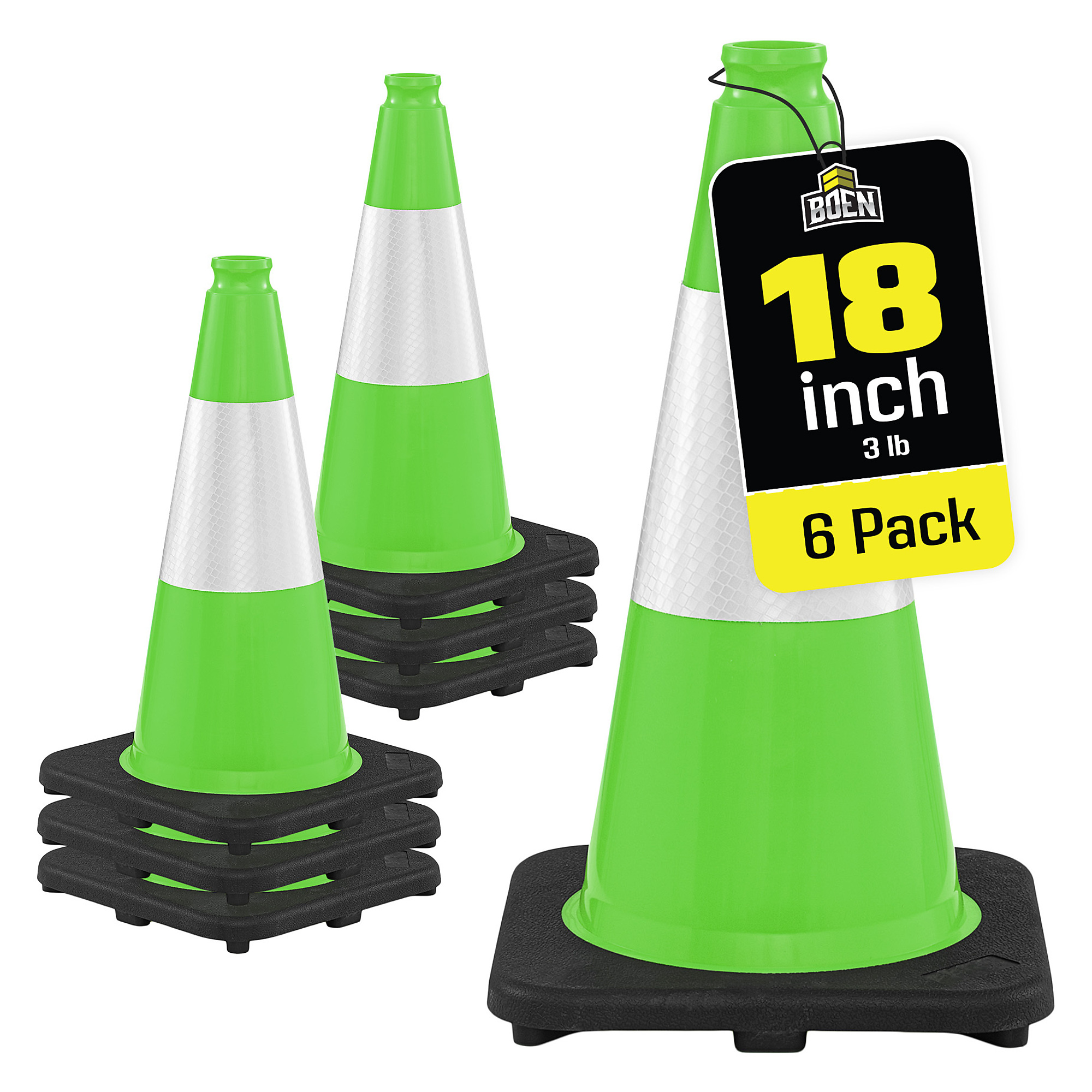 Boen 18 in, Lime Green Traffic Cone, 6-Pack, High-Visibility Safety Cones with Reflective Collar & Heavy-Duty Base for Parking, Events & Traffic Control