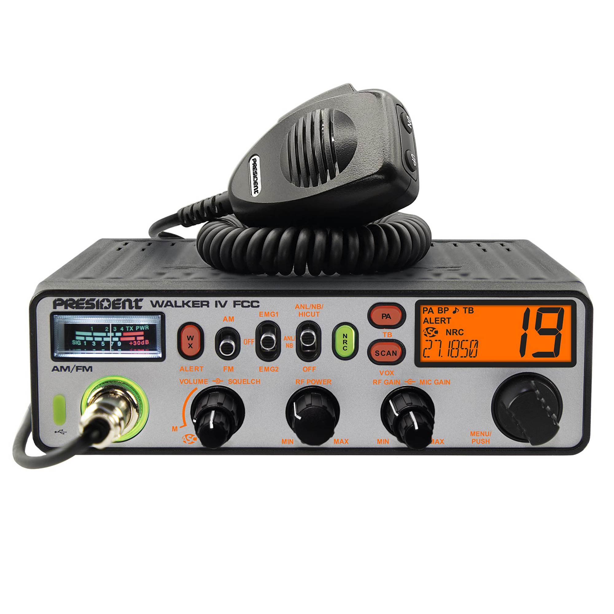 PRESIDENT Walker IV FCC 40-Channel Professional CB Radio with AM/FM/PA, 12 Volts, NOAA® Alerts, OEM Truck Size, P-Channels, Glow Mode, USB-C® & Mic, TXUS770