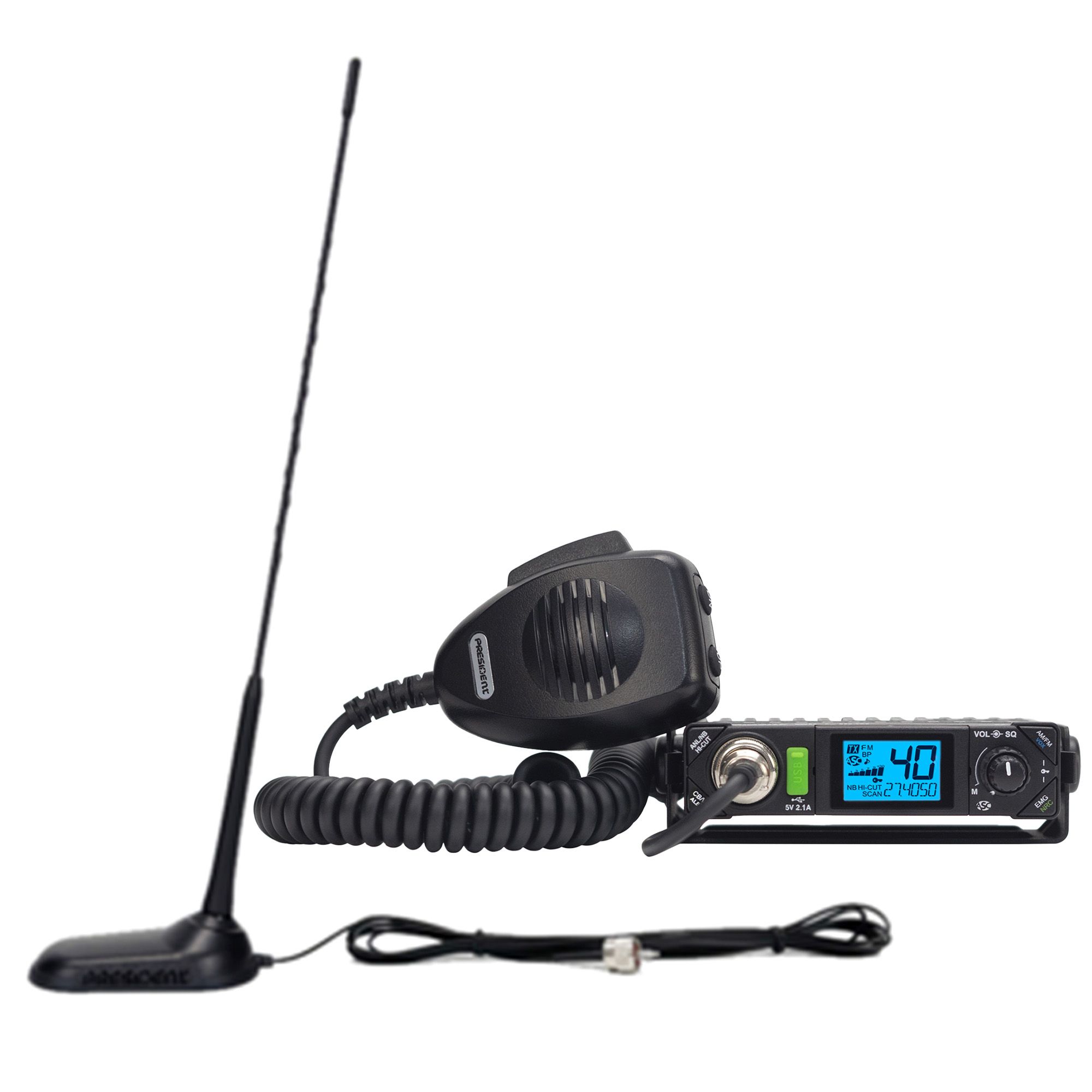 PRESIDENT CB Radio Premium Compact Kit with BILL III FCC 40-Channel AM/FM/Alert CB Radio with P-Channels, Mic & Virginia-F Magnet-Mount Antenna, TXANT04