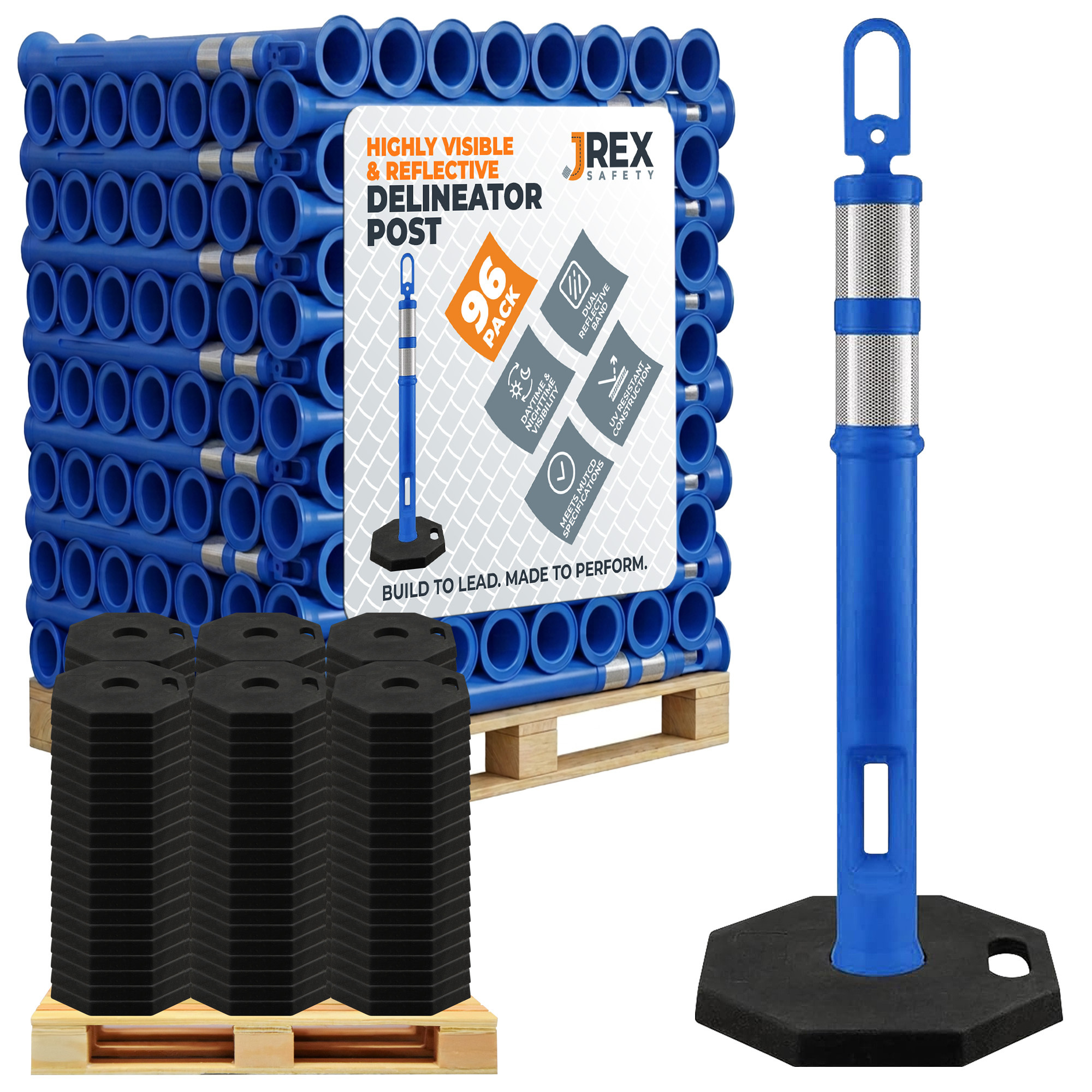 42" Ring Loop Blue Traffic Delineator Post with 13 LB PVC Base - Full Pallet 96