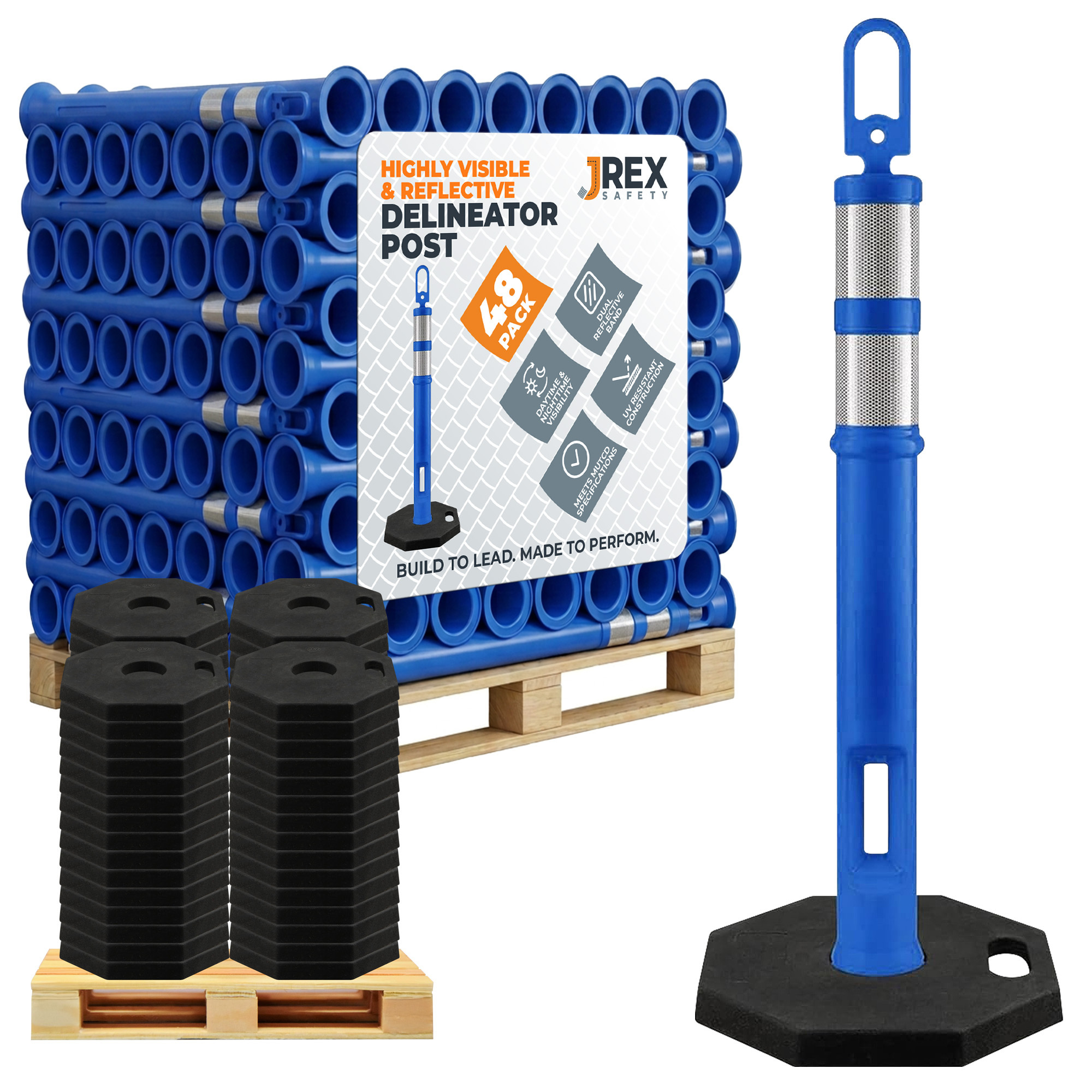 42" Ring Loop Blue Traffic Delineator Post with 13 LB PVC Base - Half Pallet 48