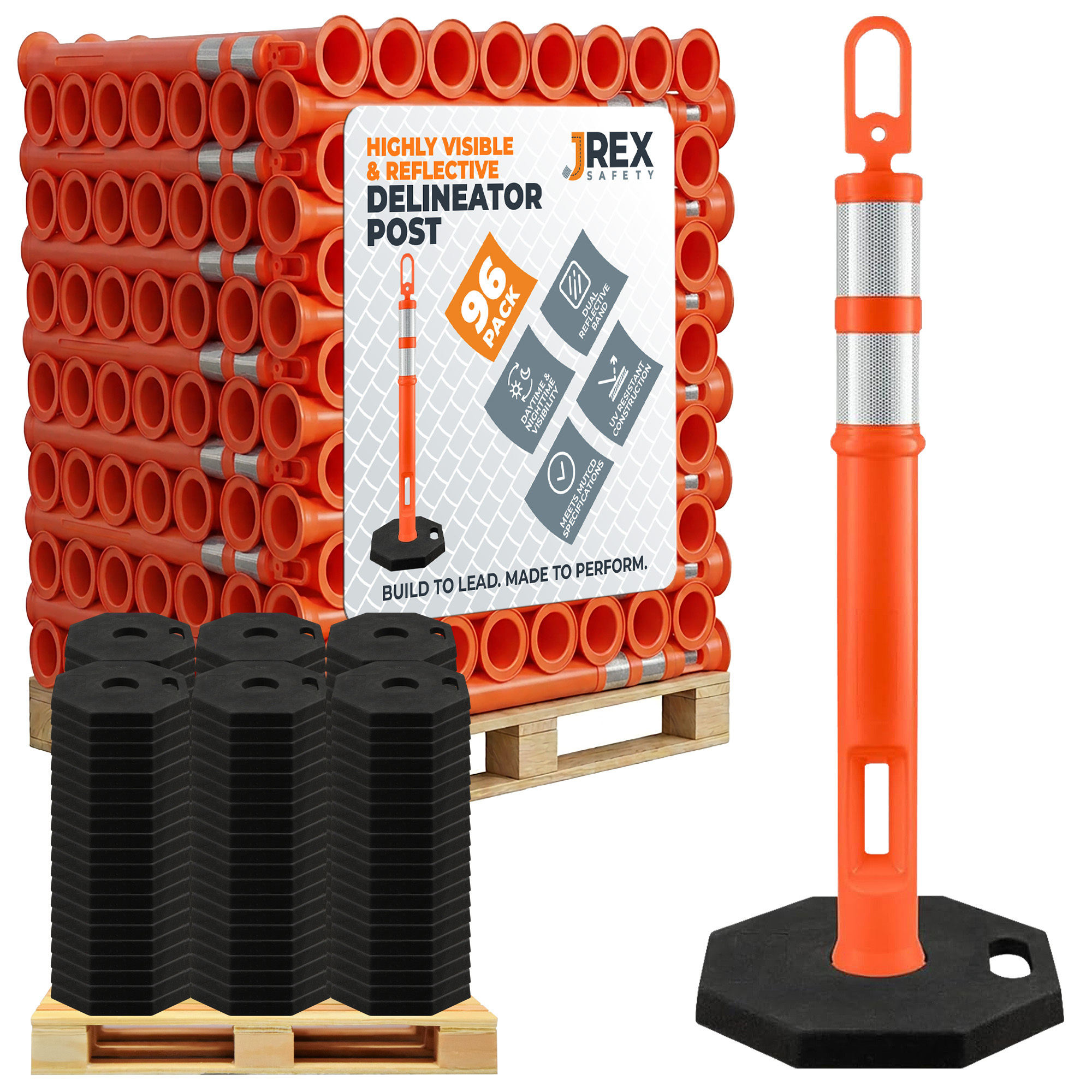 42" Ring Loop Orange Traffic Delineator Post with 13 LB PVC Base - Full Pallet 96