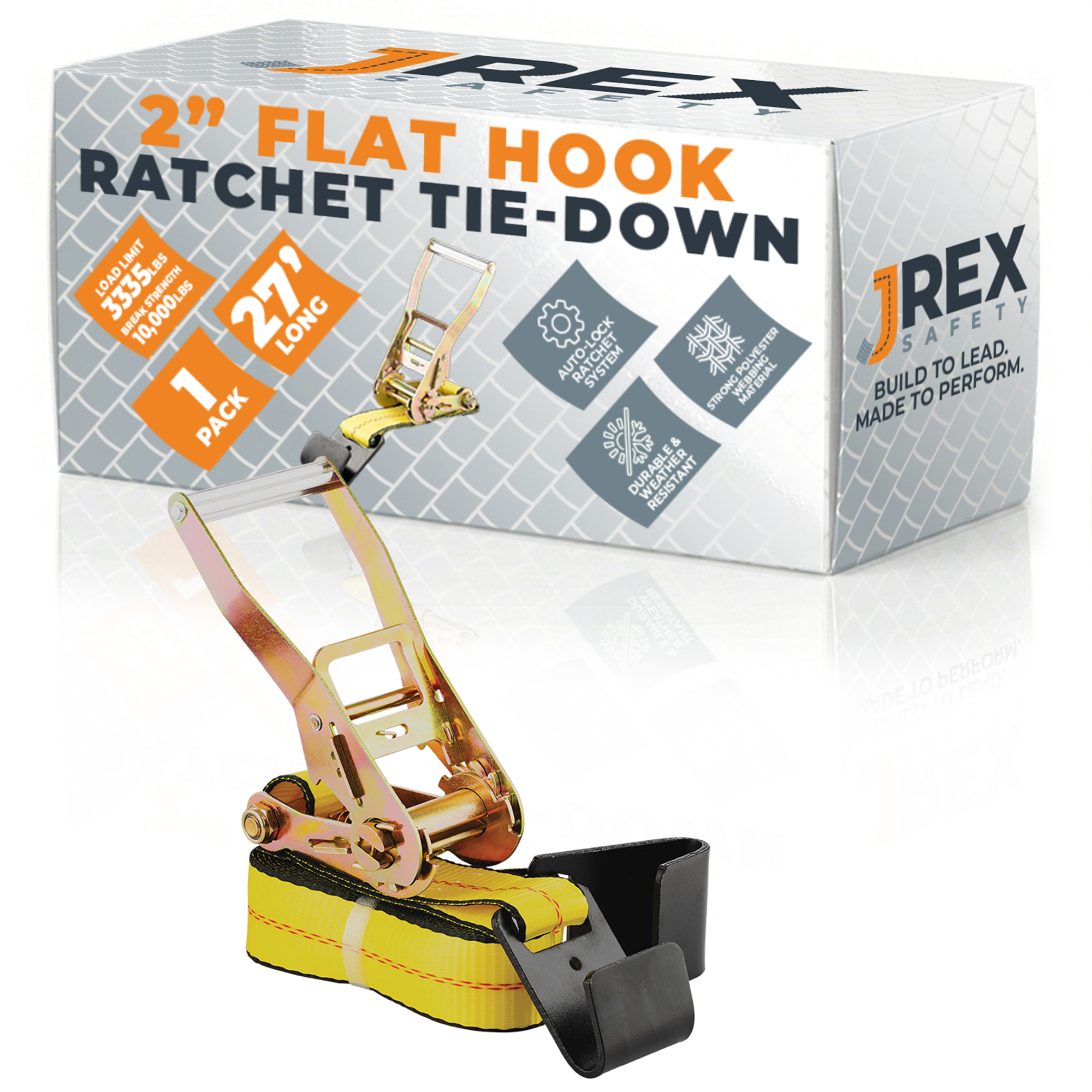HD Ratchet Strap with Flat Hooks - Yellow 2" x 27' Tie Down