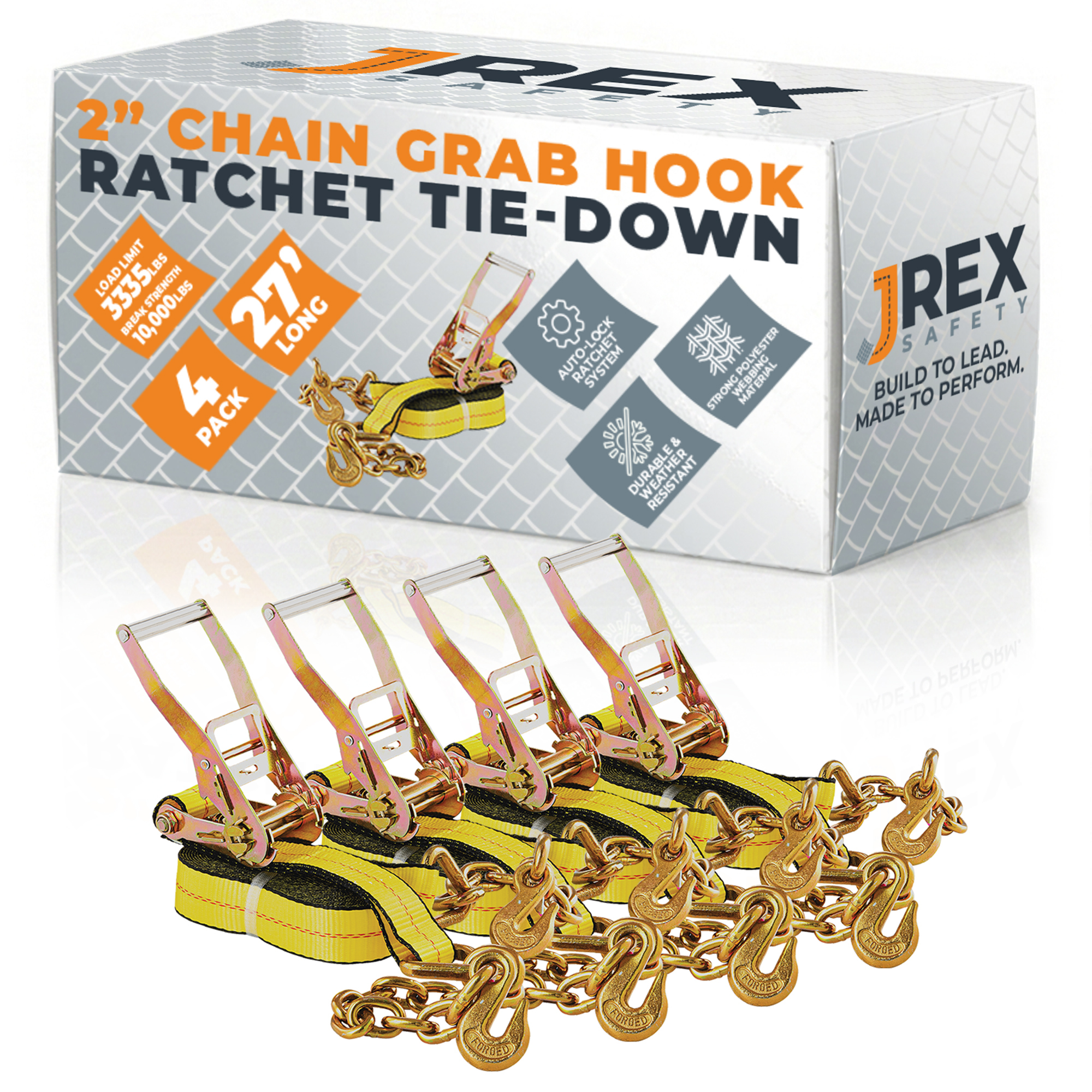 4 Pack HD Ratchet Straps with Chain Grab Hooks - Yellow 2" x 27' Tie Downs