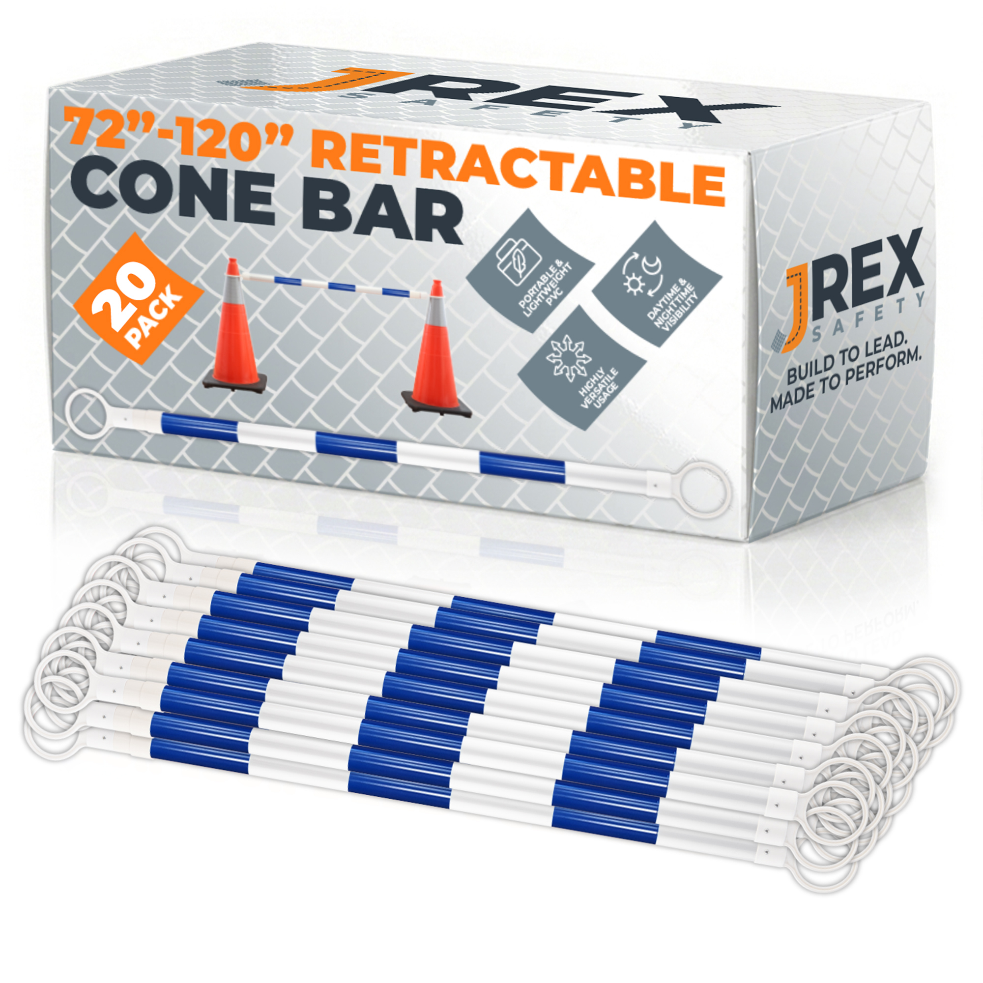 Retractable Cone Bar Blue/White - 72" to 120" Length - 20 Pack