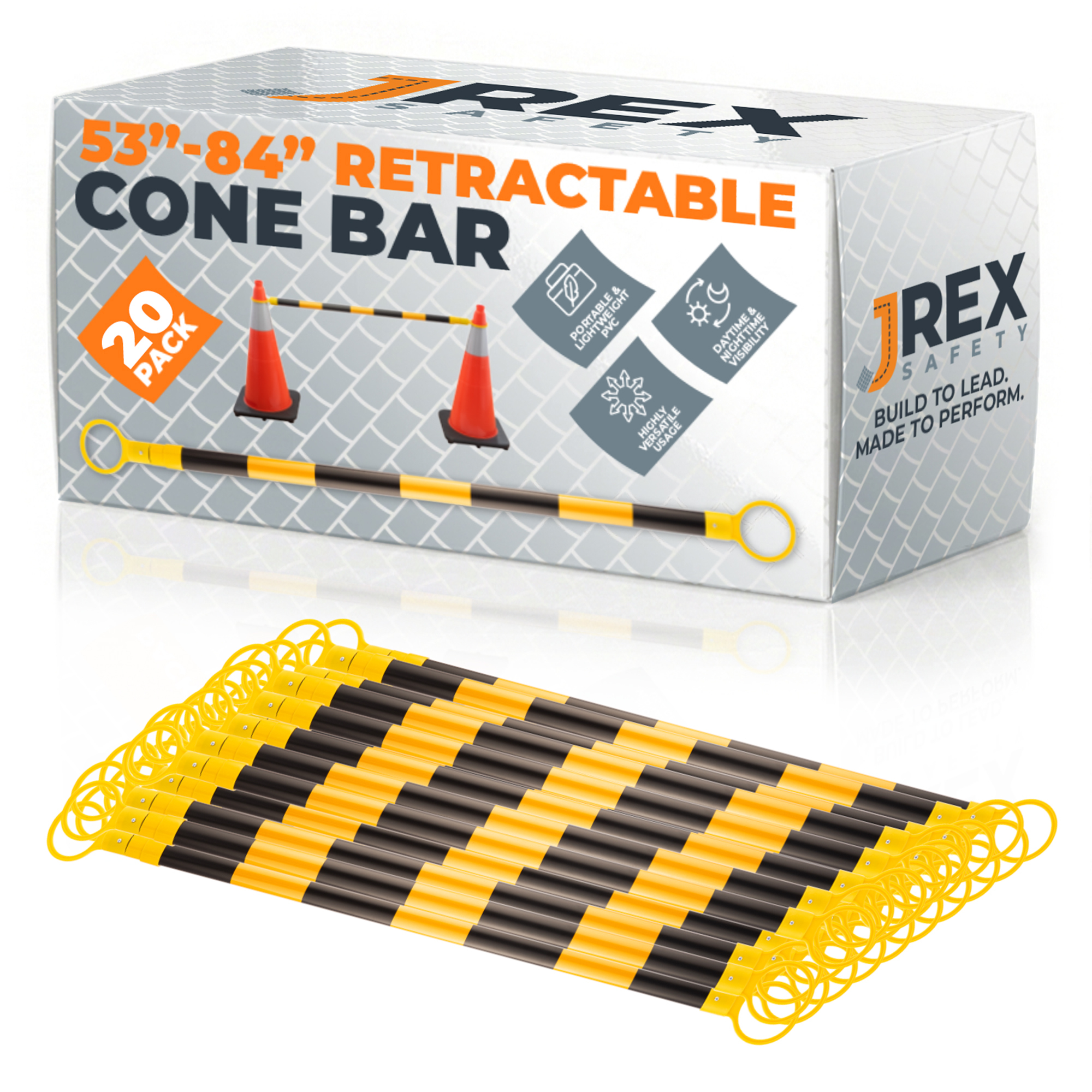 Retractable Cone Bar Yellow/White - 53" to 84" Length - 20 Pack