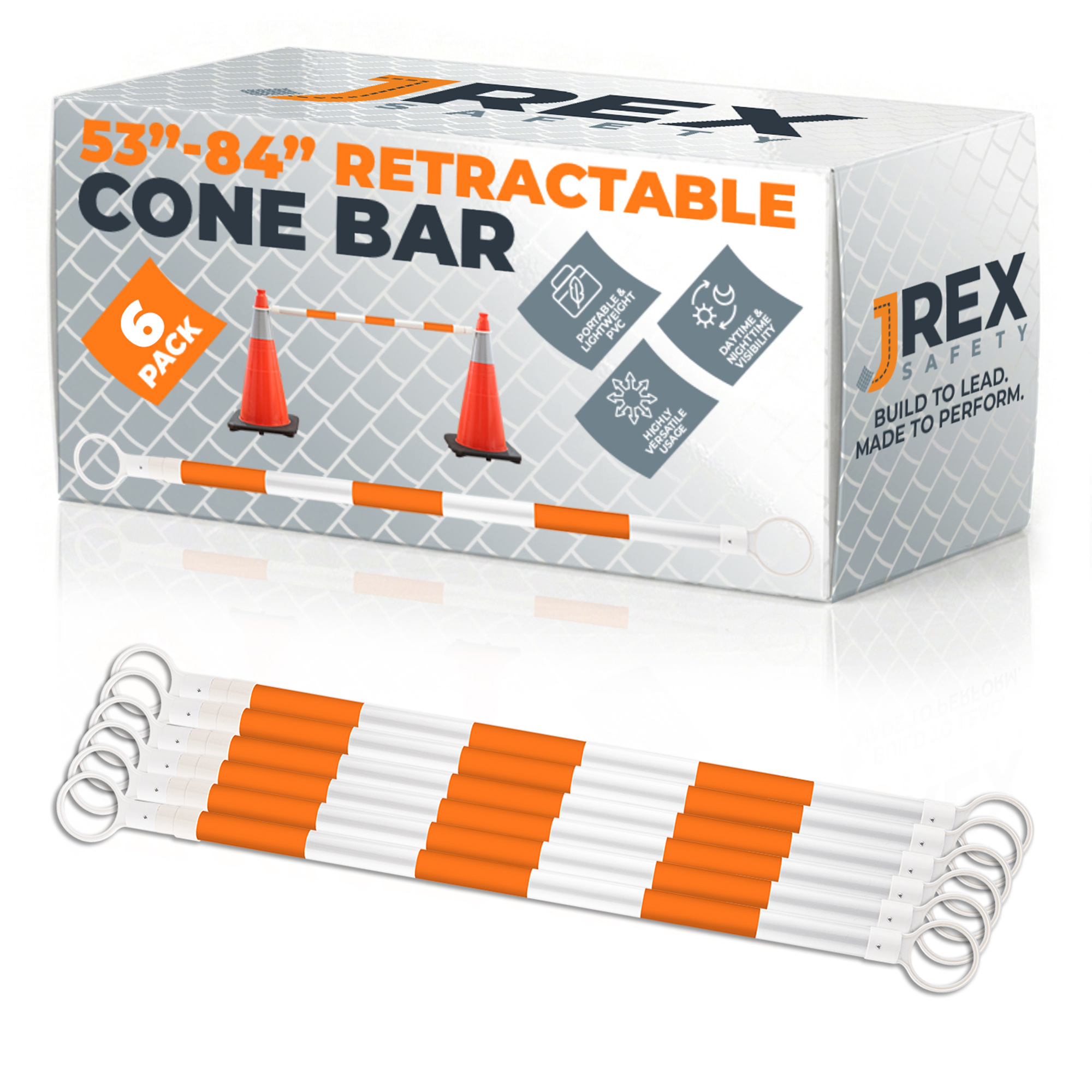 Retractable Cone Bar Orange/White - 53" to 84" Length - 6 Pack