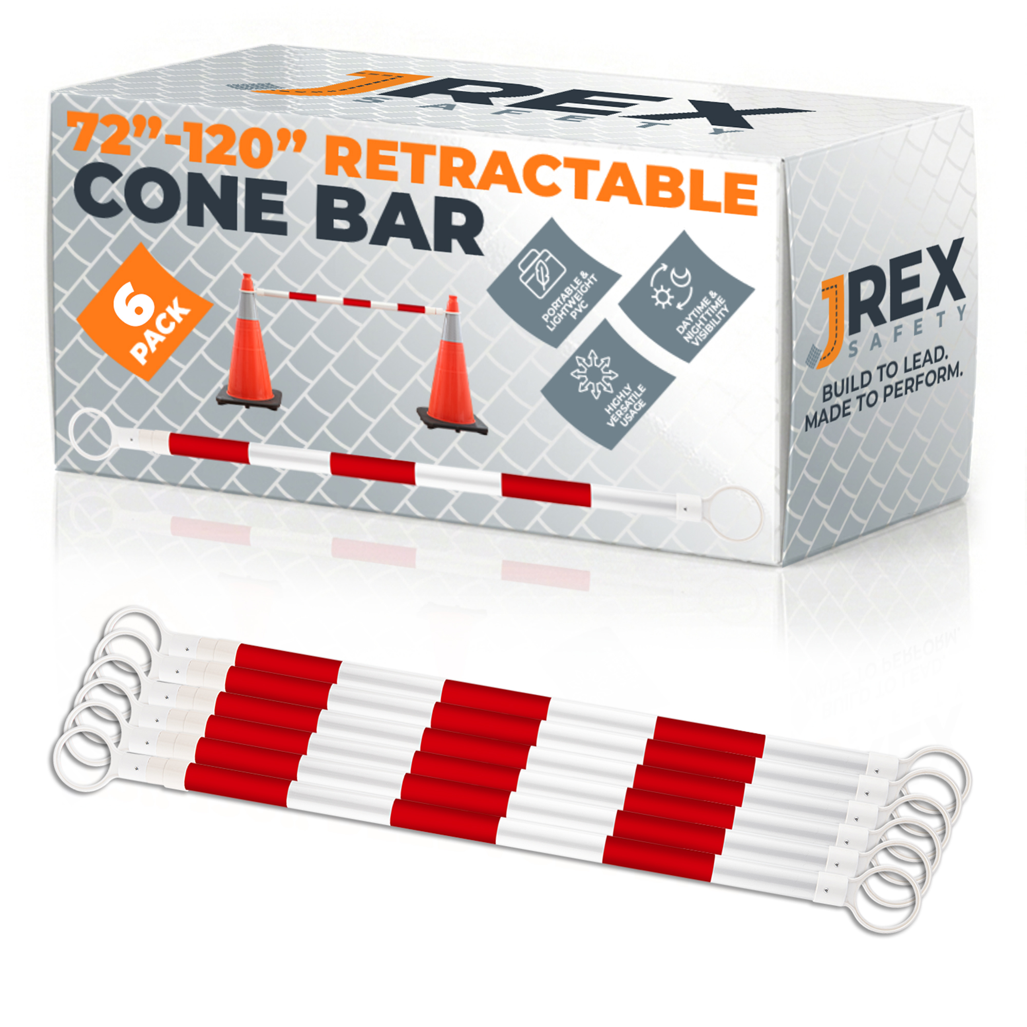 Retractable Cone Bar Red/White - 72" to 120" Length - 6 Pack
