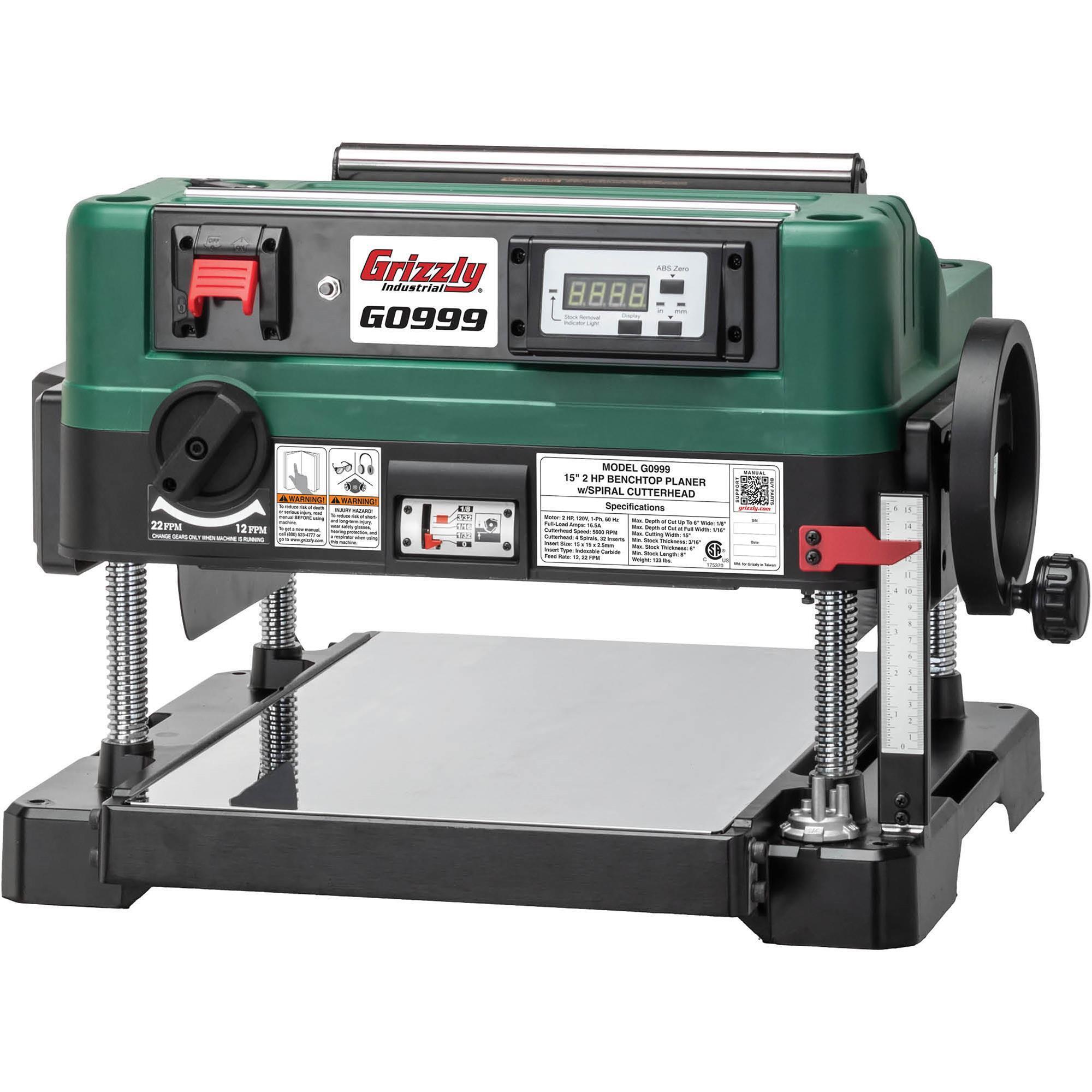 Grizzly G0999 - 15" 2 HP Benchtop Planer with Spiral Cutterhead