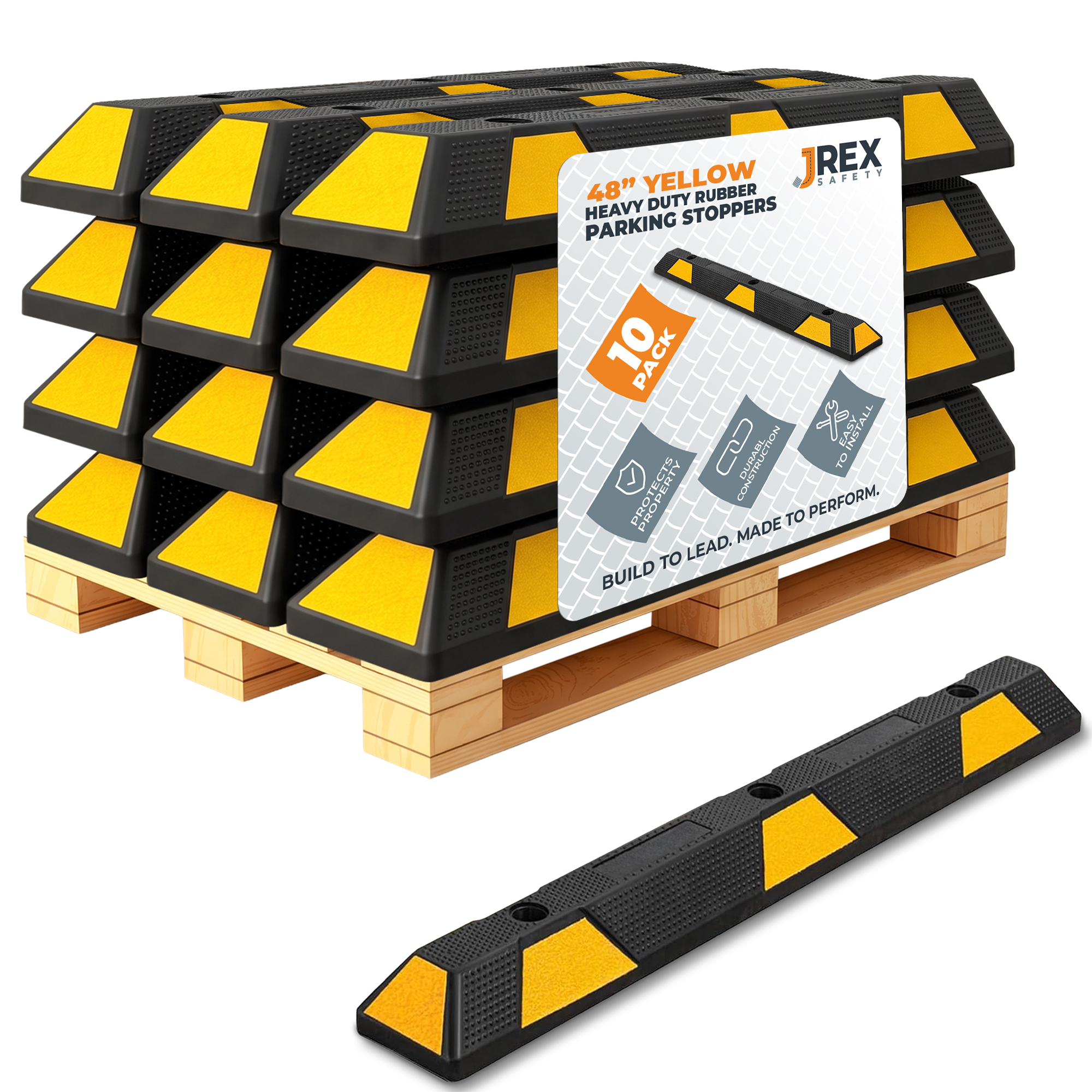 48" Rubber Parking Block Curb Stop - Yellow Reflective Strip - 10 Pack