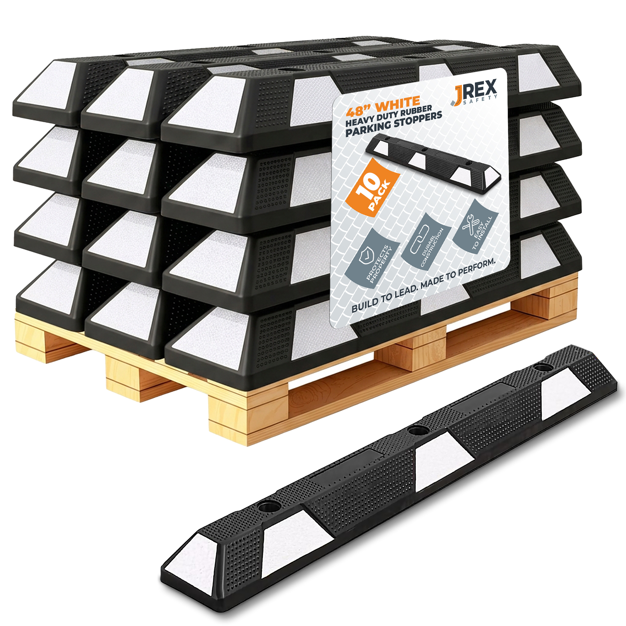 48" Rubber Parking Block Curb Stop - White Reflective Strip - 10 Pack
