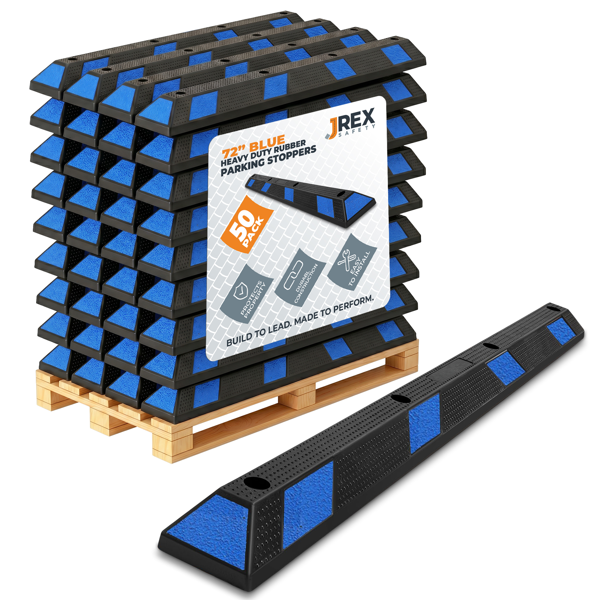 72" Rubber Parking Block Curb Stop - Blue Reflective Strip - Full Pallet 50