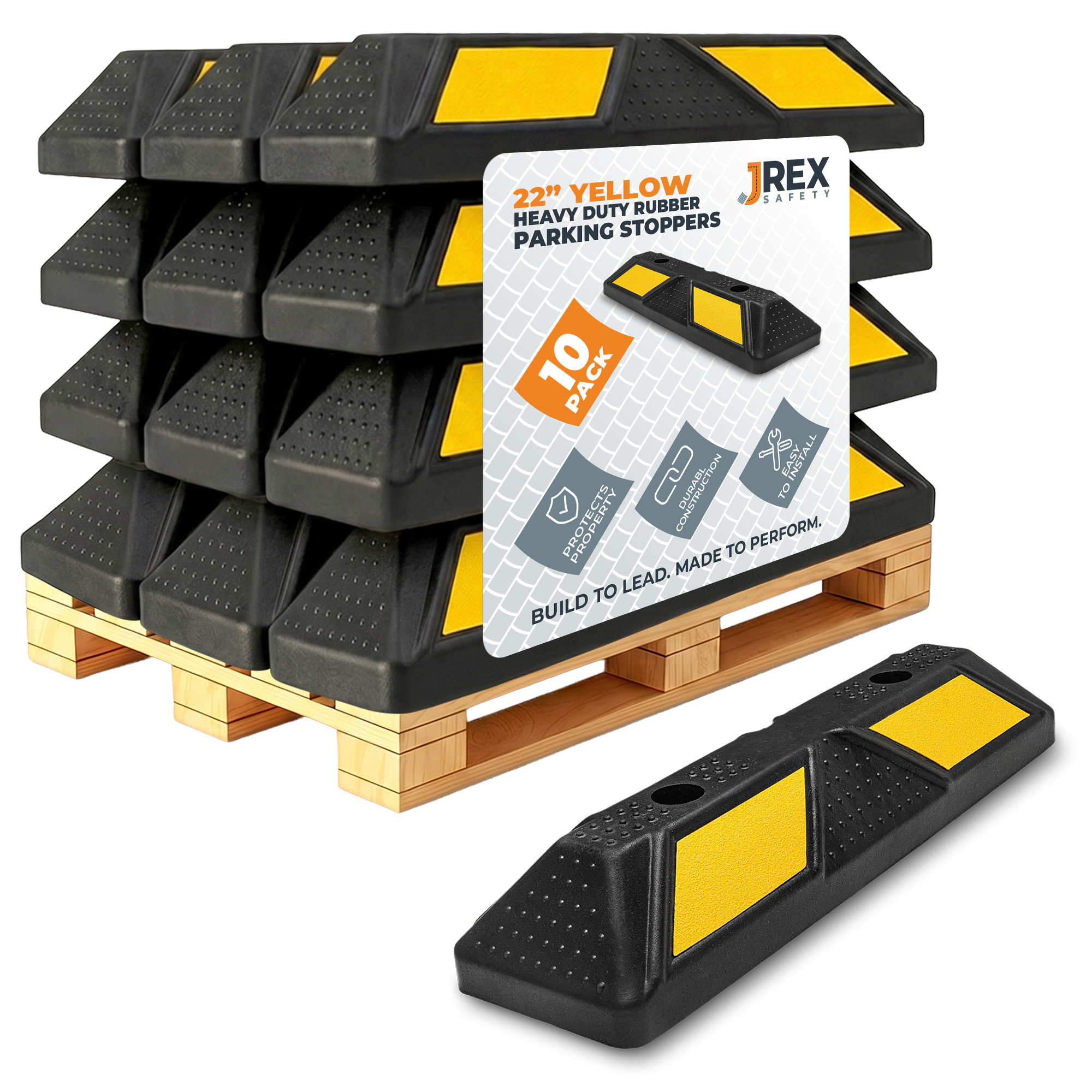 22" Rubber Parking Block Curb Stop - Yellow Reflective Strip - 10 Pack