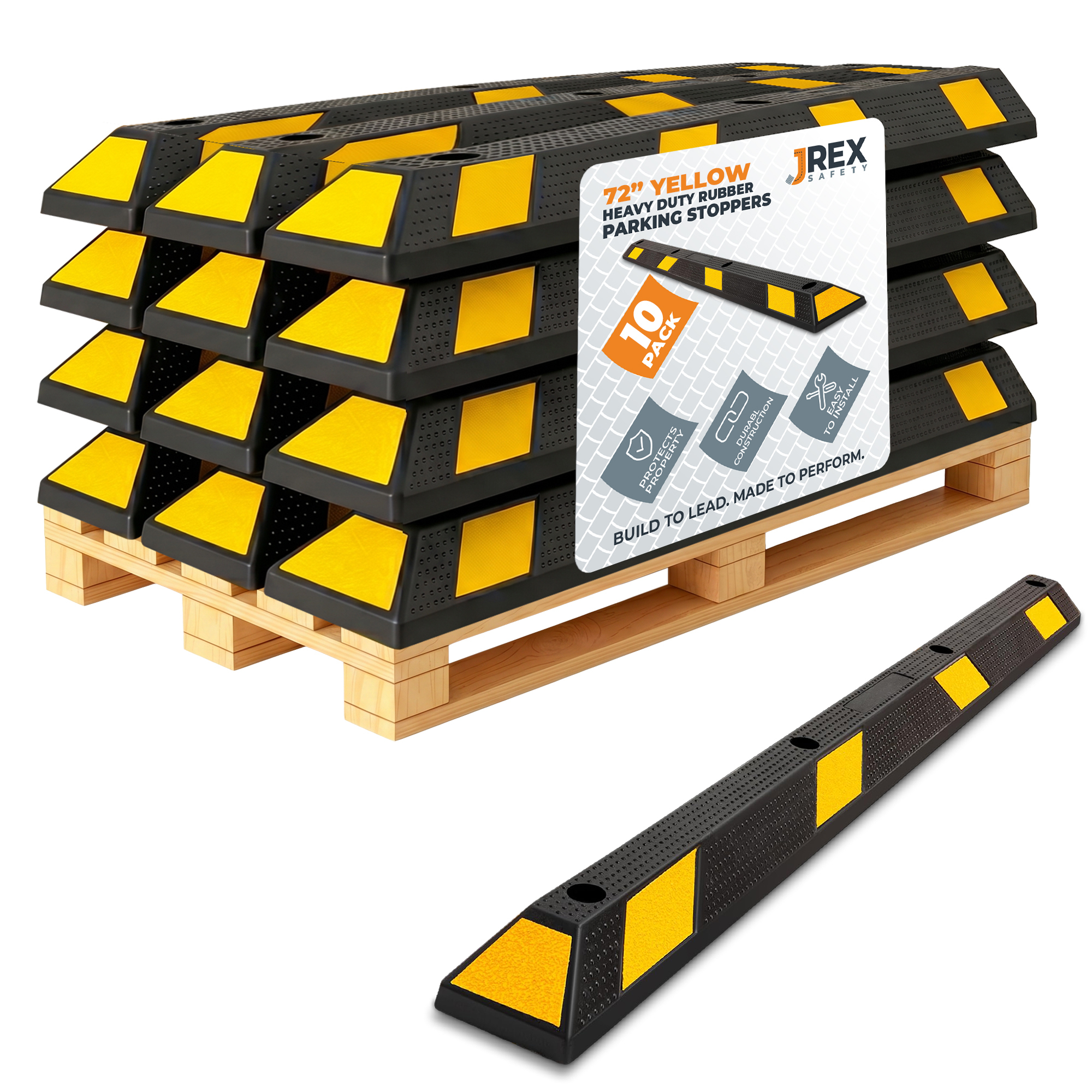 72" Rubber Parking Block Curb Stop - Yellow Reflective Strip - 10 Pack