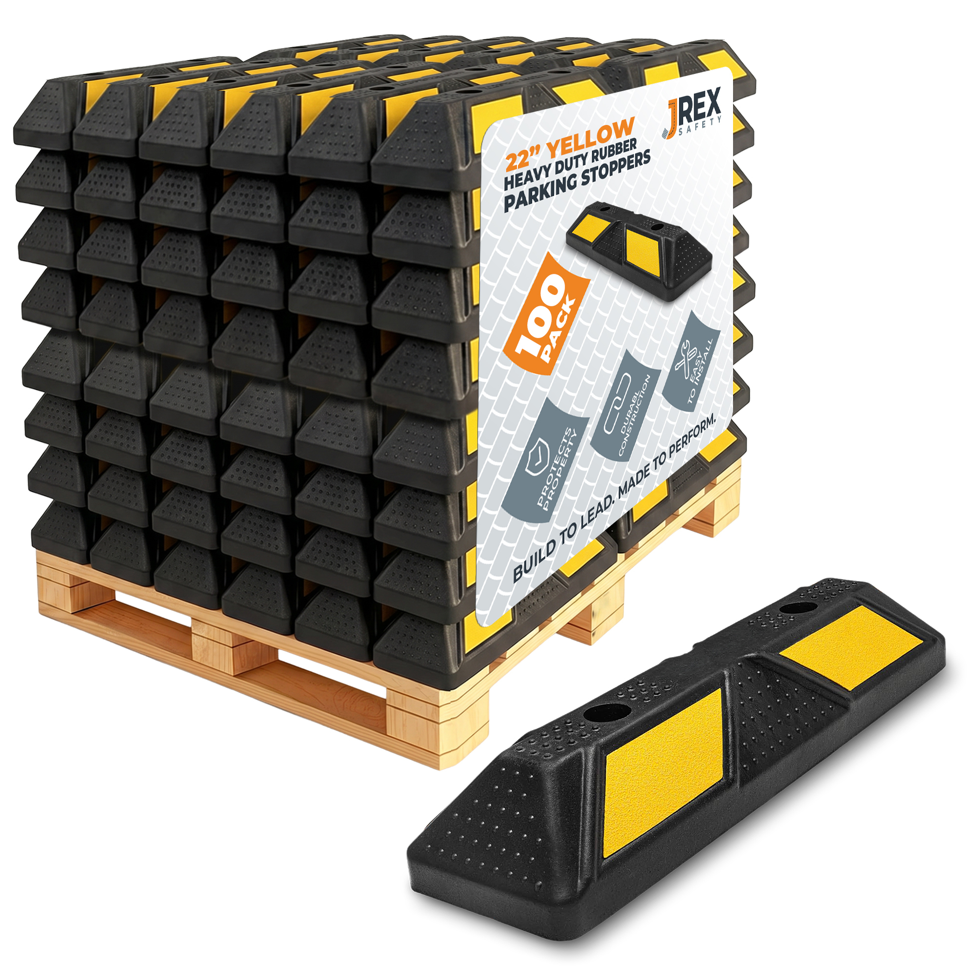 22" Rubber Parking Block Curb Stop - Yellow Reflective Strip - 100 Pack