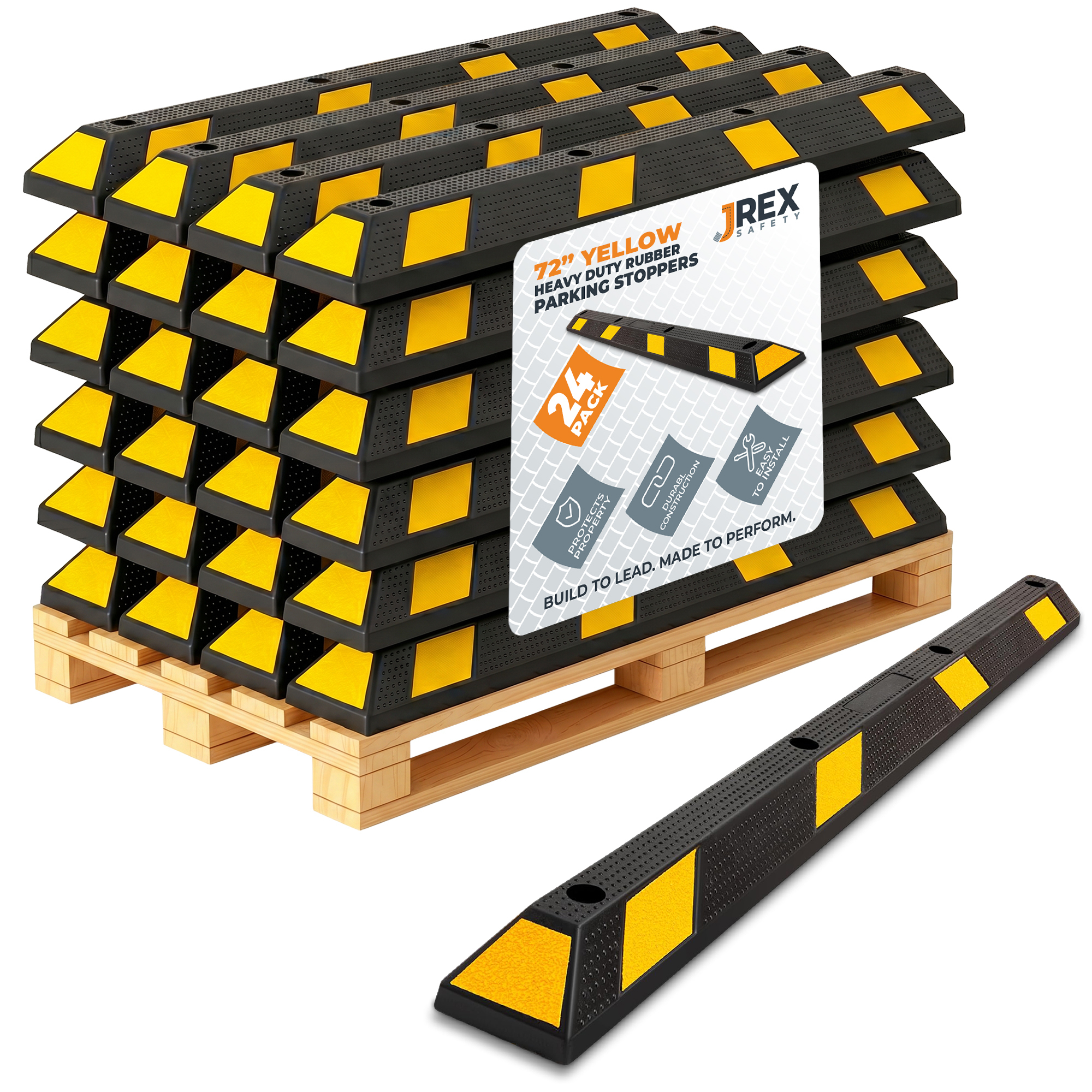 72" Rubber Parking Block Curb Stop - Yellow Reflective Strip - Half Pallet 24