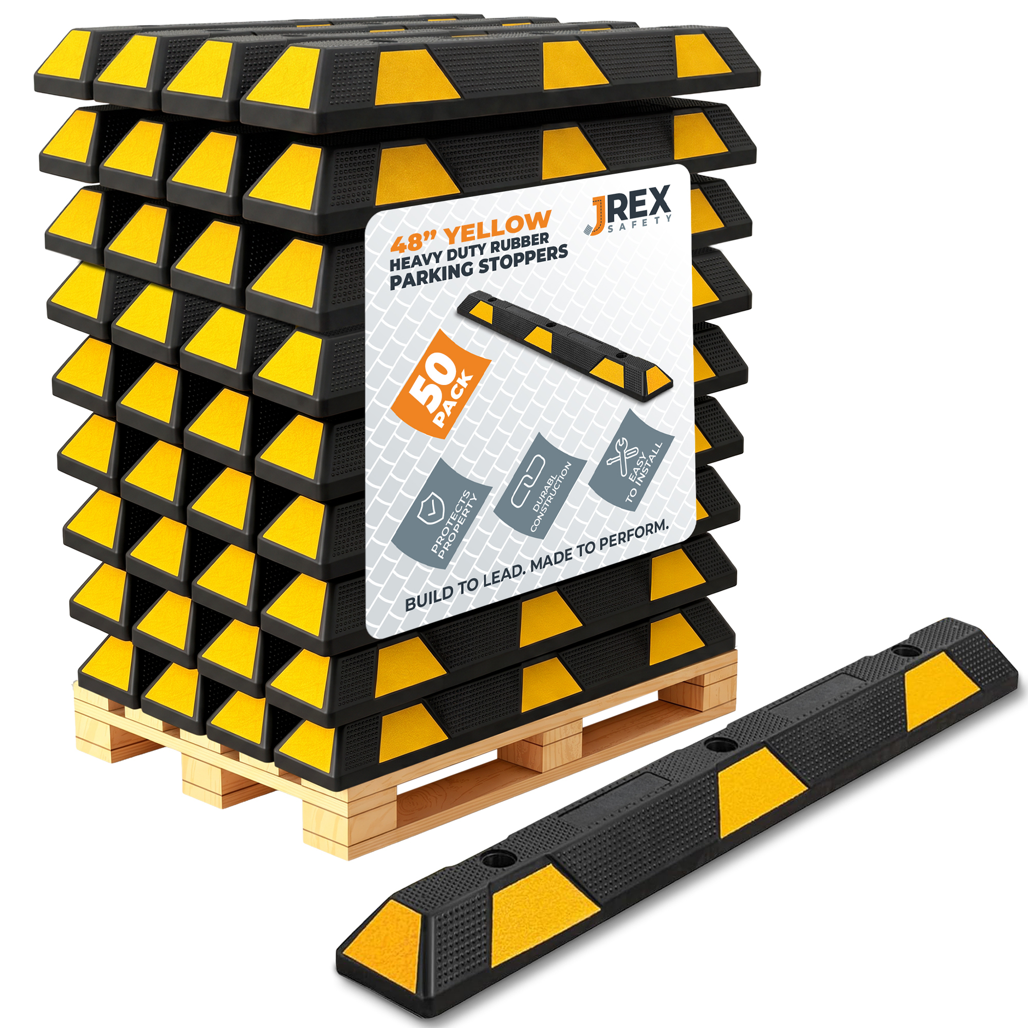 48" Rubber Parking Block Curb Stop - Yellow Reflective Strip - Half Pallet 50