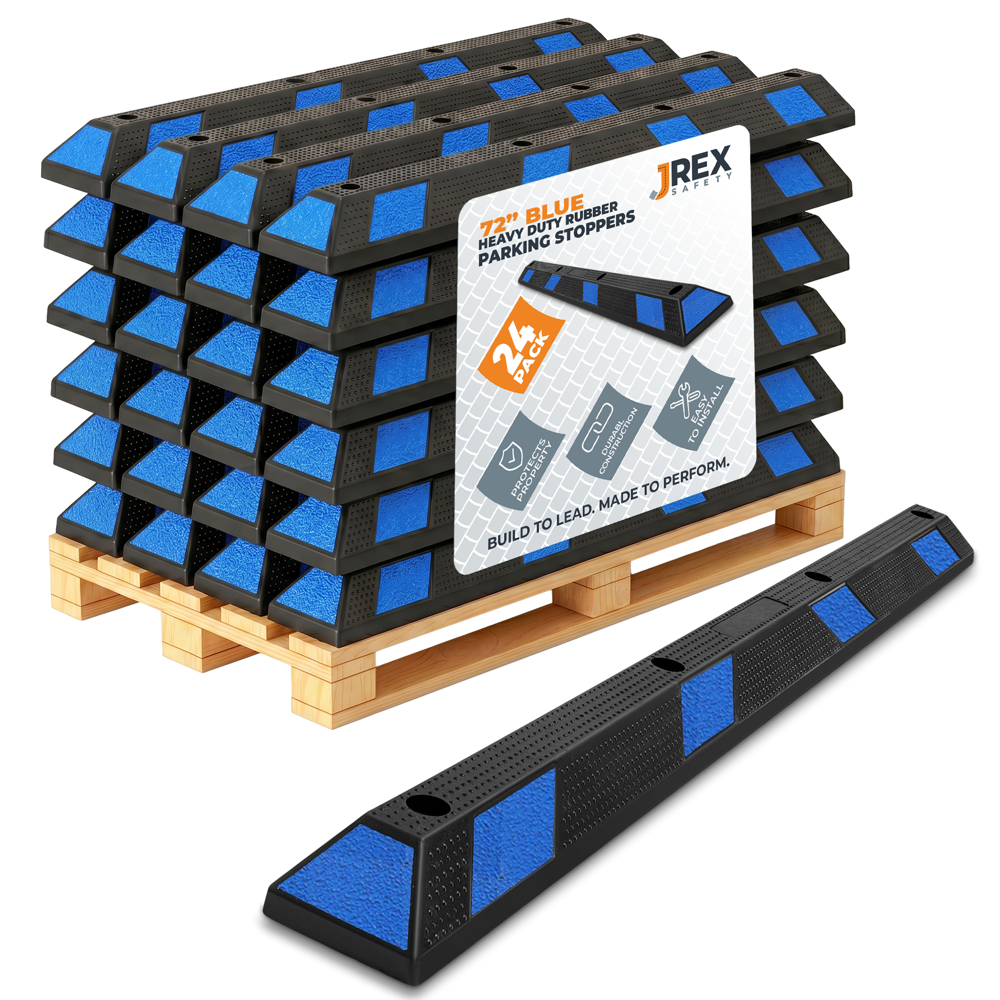 72" Rubber Parking Block Curb Stop - Blue Reflective Strip - Half Pallet 24