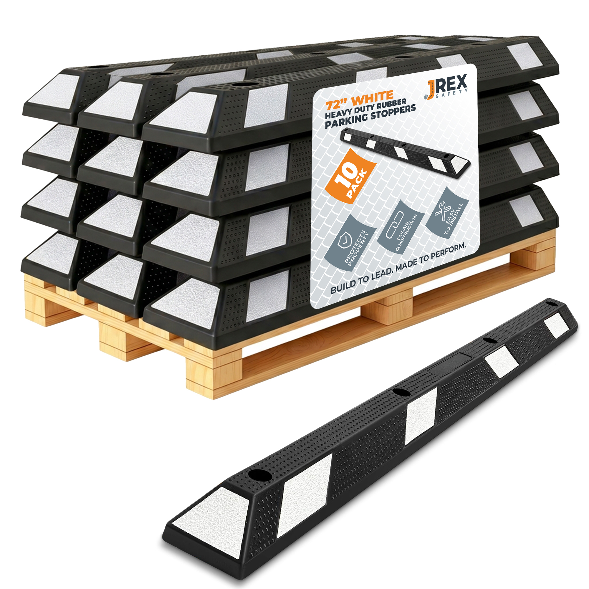 72" Rubber Parking Block Curb Stop - White Reflective Strip - 10 Pack