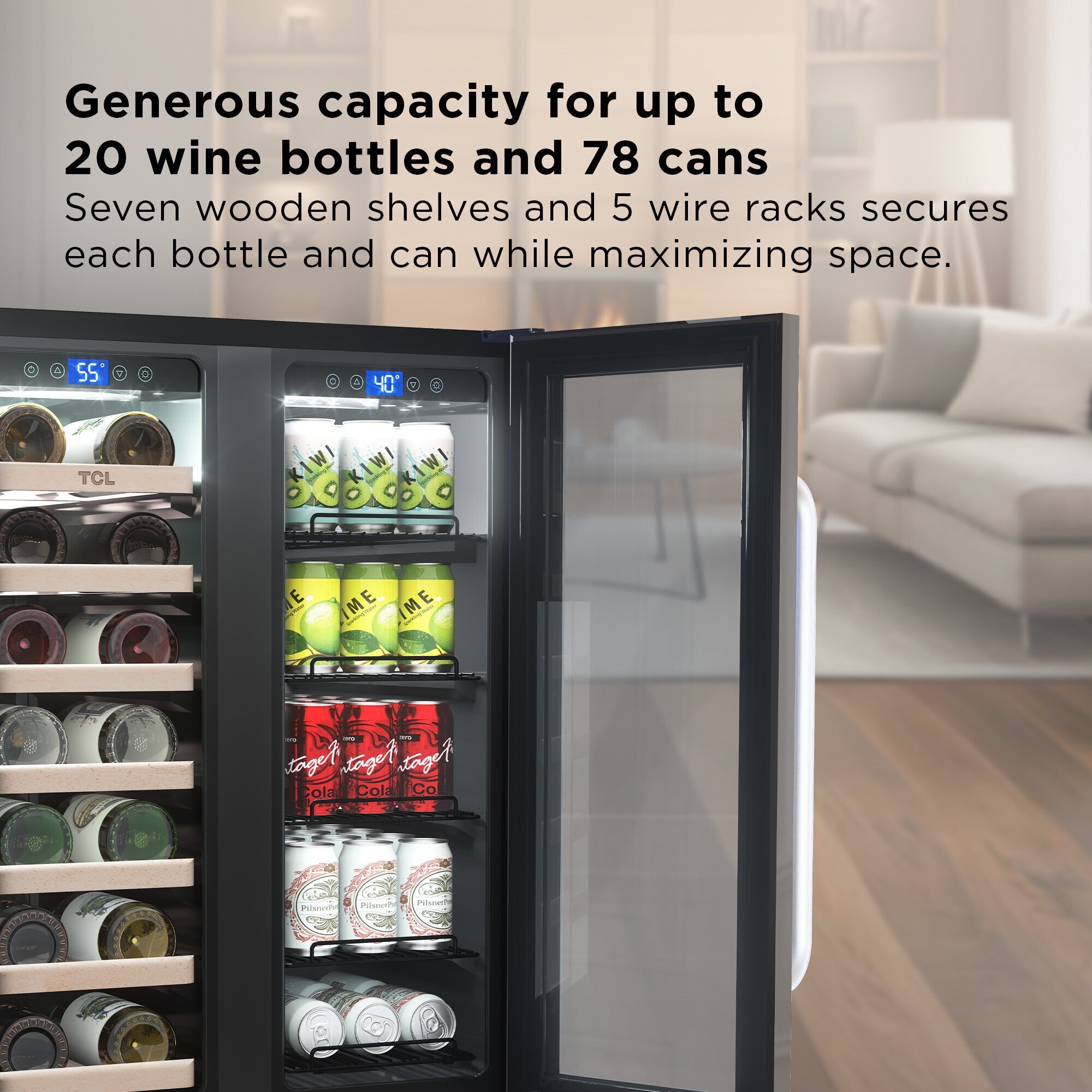 TCL 20 Bottle 78 Can Dual Zone Wine & Beverage Cooler, Dual Zone, Glass Doors, Model# TRD20B8AS