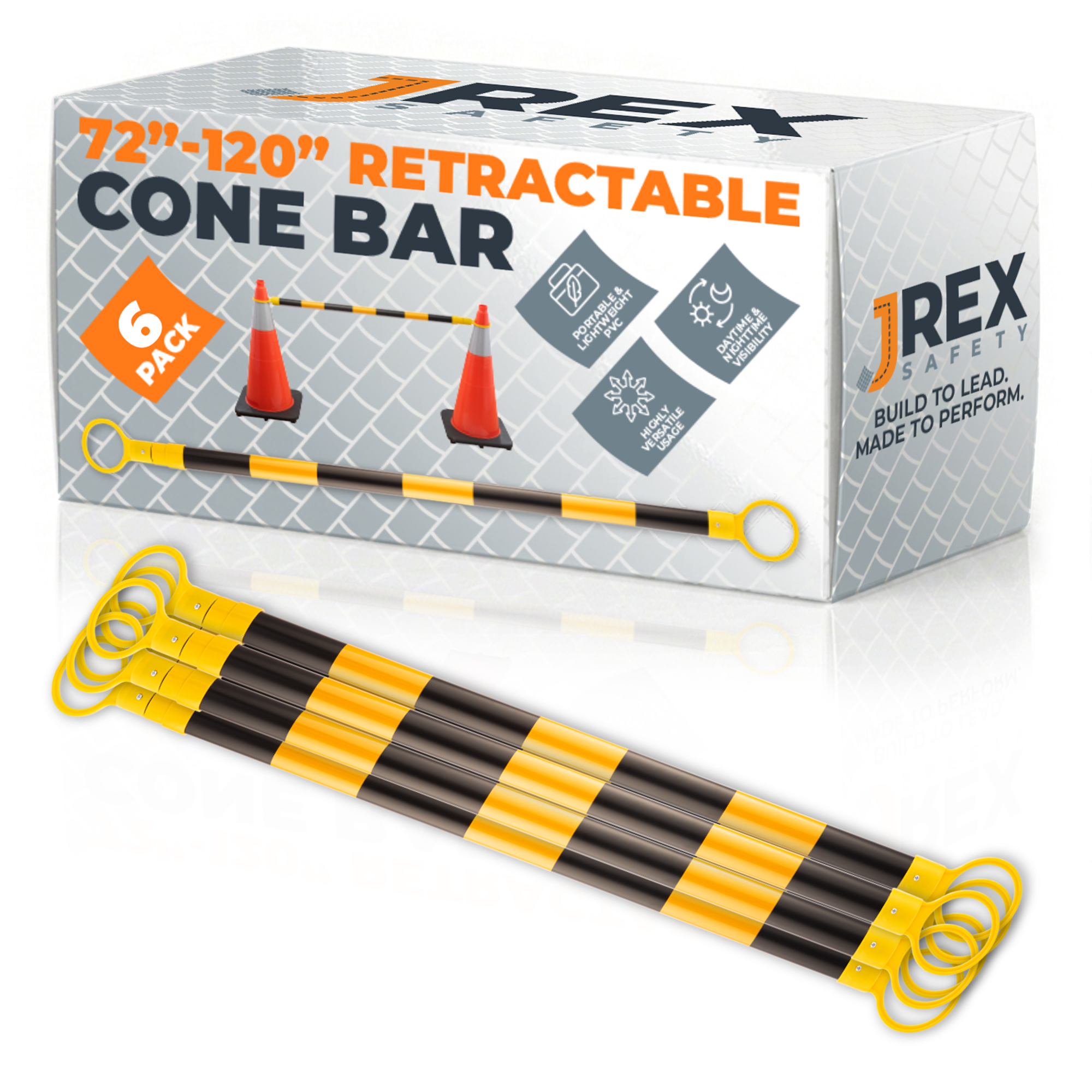 Retractable Cone Bar Yellow/White - 72" to 120" Length - 6 Pack