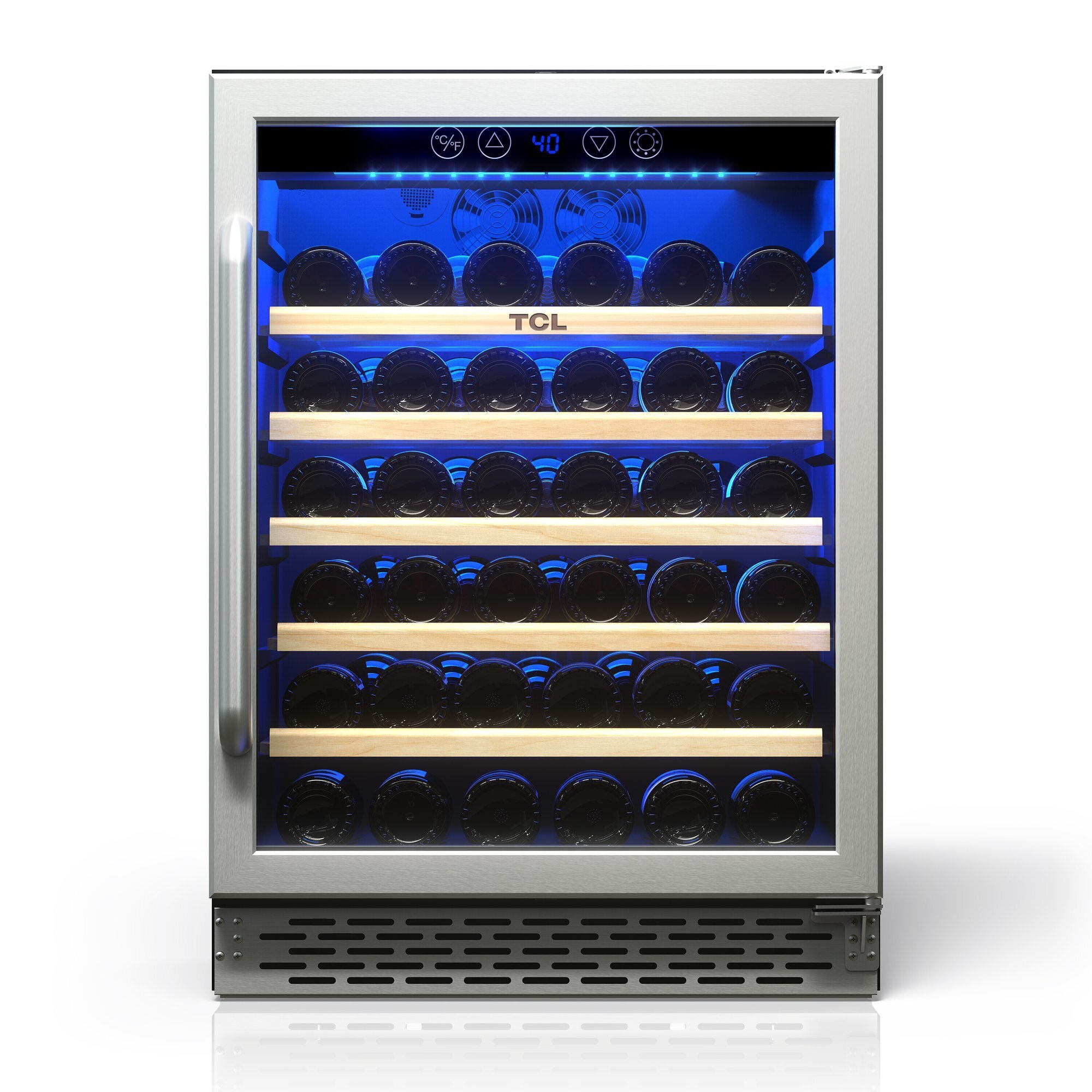 TCL 52 Bottle 5.3 Cu. Ft. Wine Cooler, Low Noise Operation, Digital Controls, LED Lighting, Glass Doors, Freestanding, Model# TRW52B7AS