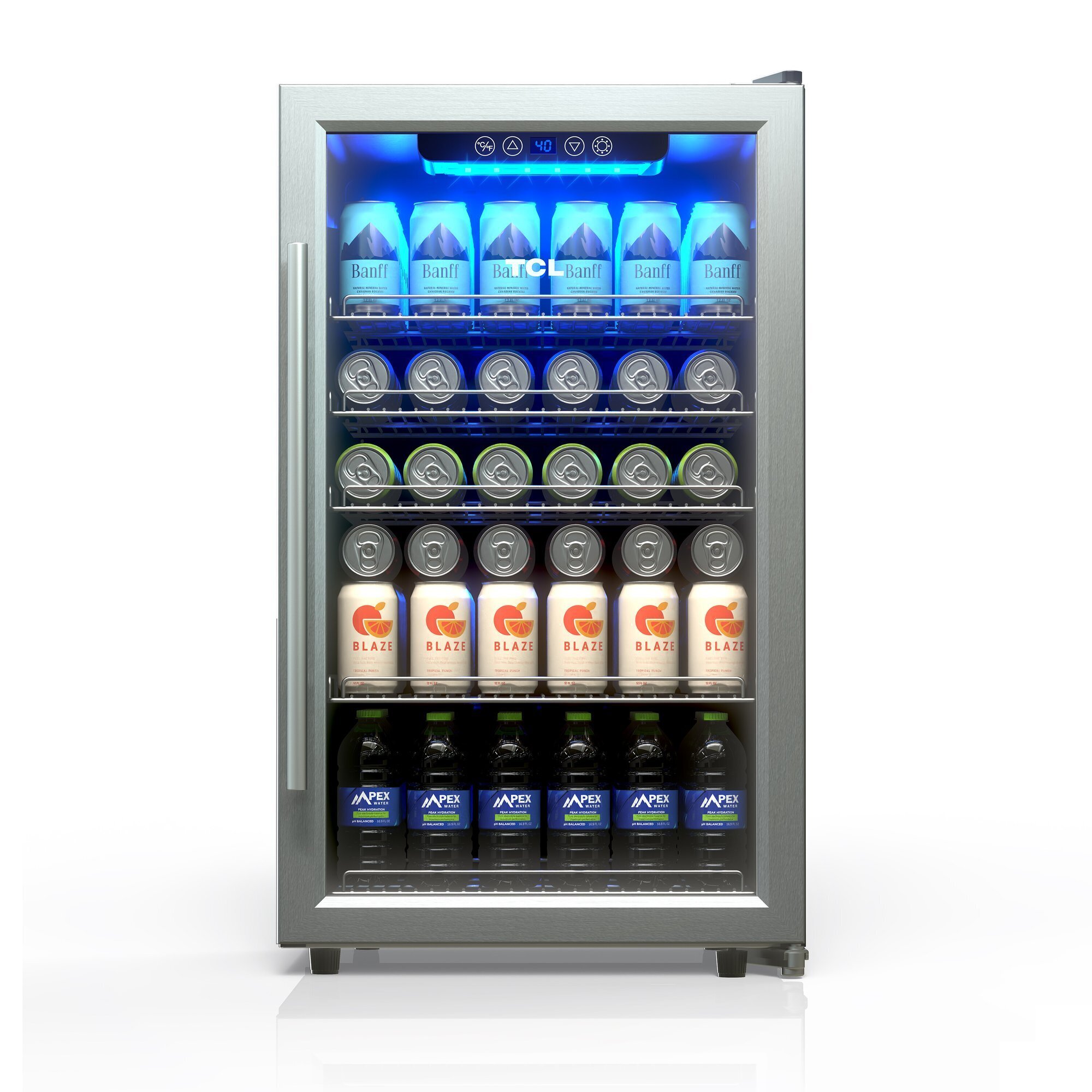 TCL 132 Can 4.24 Cu. Ft. Beverage Cooler, Digital Controls, LED Lighting, Glass Doors, Freestanding, Removable Shelves, Model# TRV132FAS